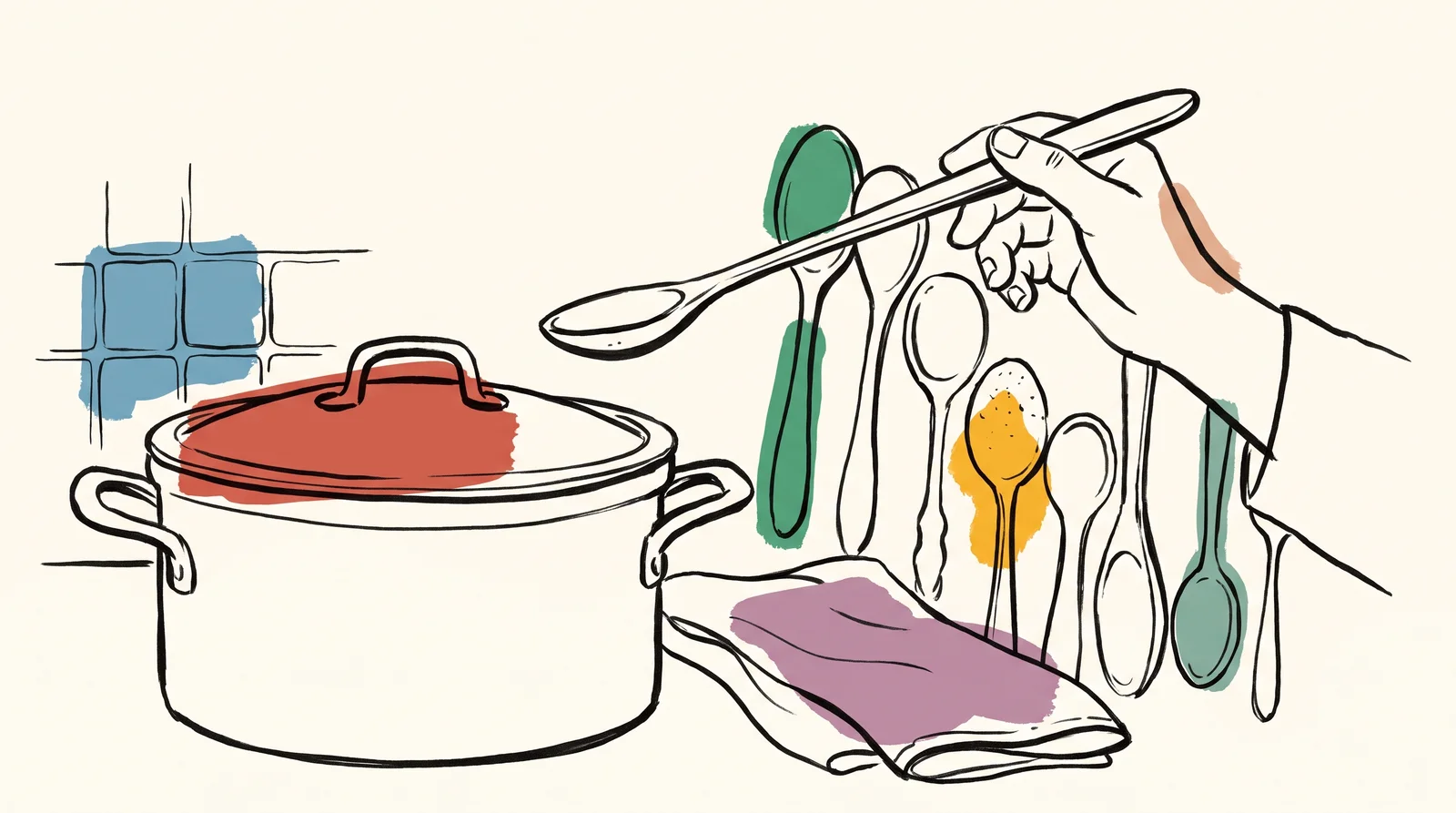 An ink drawing of a hand holding a wooden tasting spoon above a large closed cooking pot, with a row of other spoons hanging and waiting behind it.