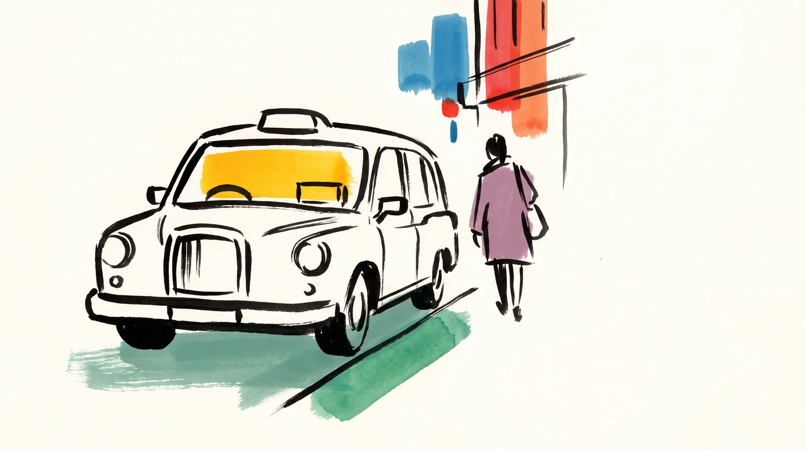 An ink drawing of a taxi waiting at a kerb, its roof sign lit yellow, while a passenger with a bag walks away along the street.