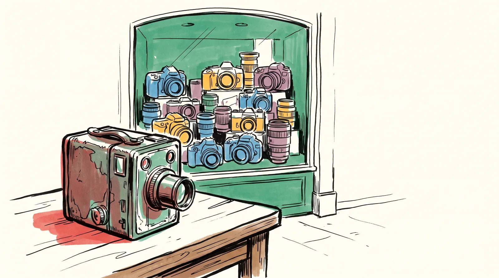 An ink drawing of a well-worn box camera on a wooden desk, and behind it a shop window crammed with colourful new cameras.
