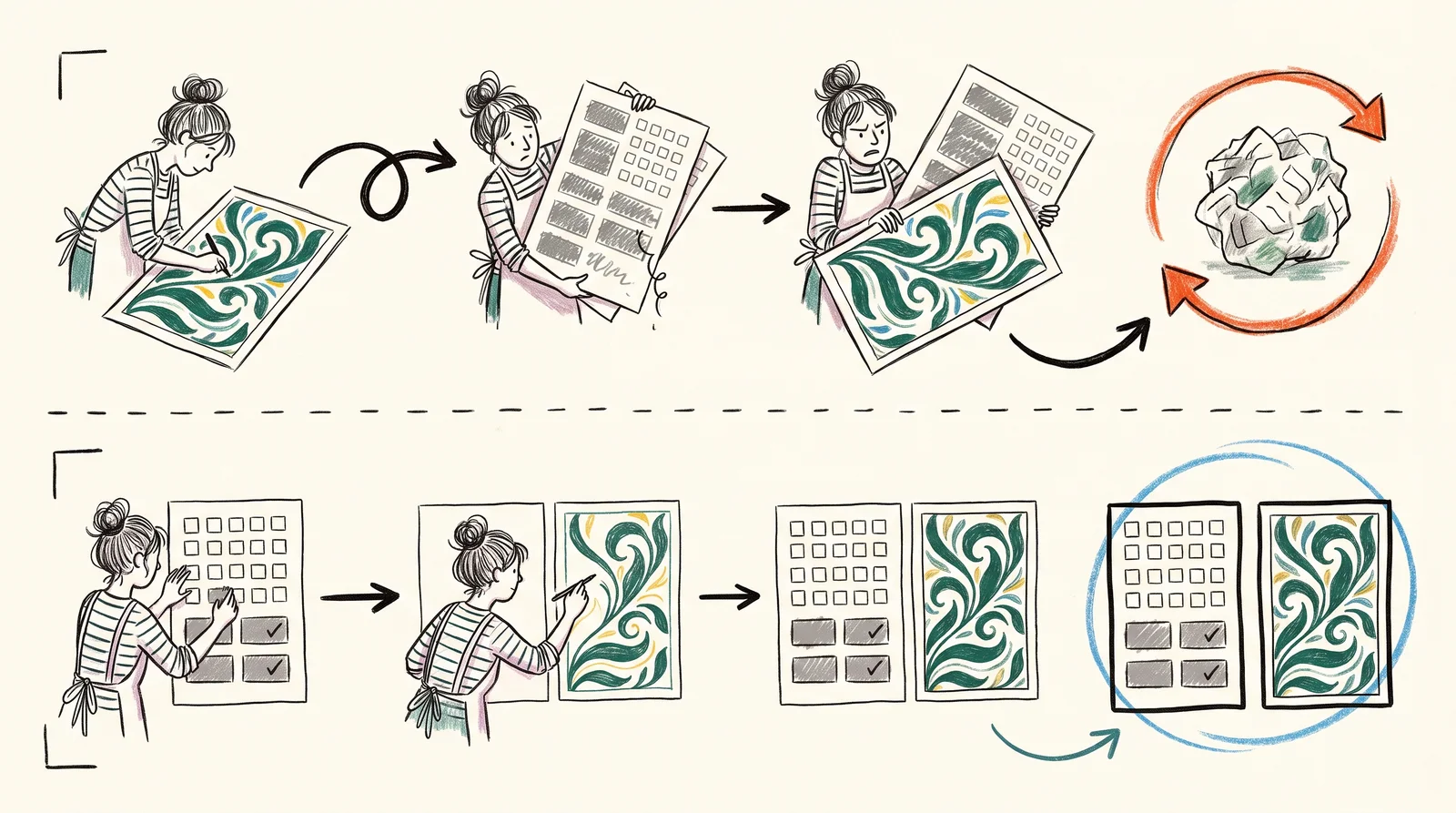 The top row shows a designer's back panel overflowing with grey text blocks and the sheet crumpled, and the bottom row shows the back fitted neatly first and the leaf-patterned front added afterwards.