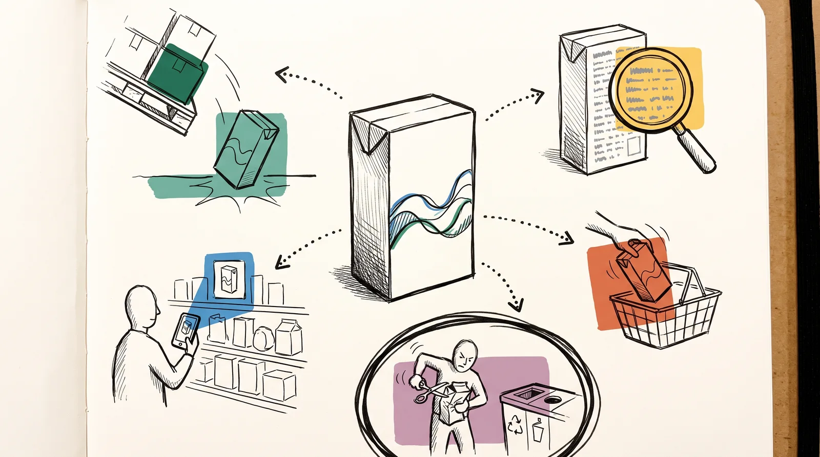 A plain carton sits in the centre with dotted arrows to five small scenes: dropping from a pallet, a magnifier over its back, a shopper and a phone thumbnail, a hand putting it in a basket, and a circled person struggling to open it with scissors.