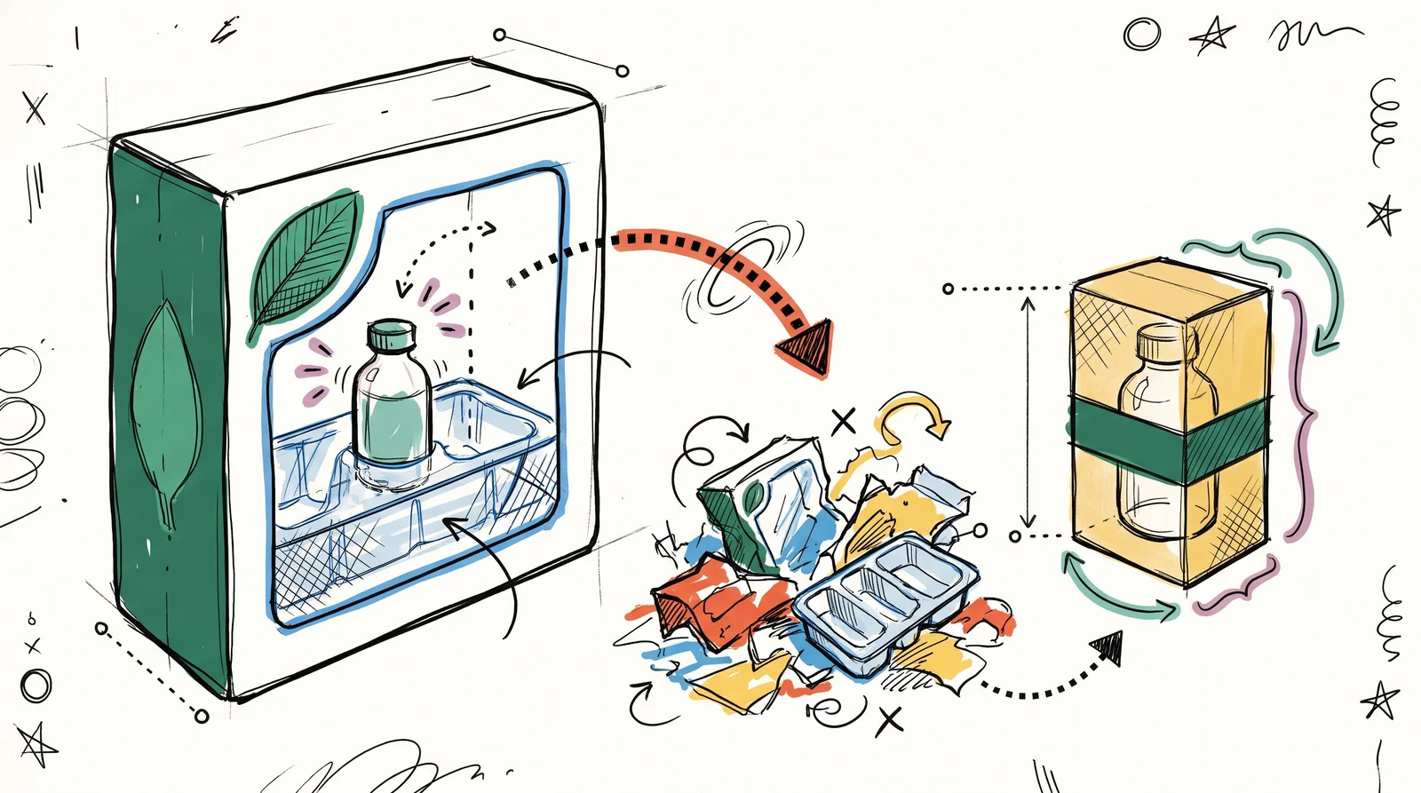An oversized windowed box with a tray, empty air and a big green leaf sits beside a snug plain box holding the same bottle, with dotted arrows showing the window, tray and extra card falling into a heap.