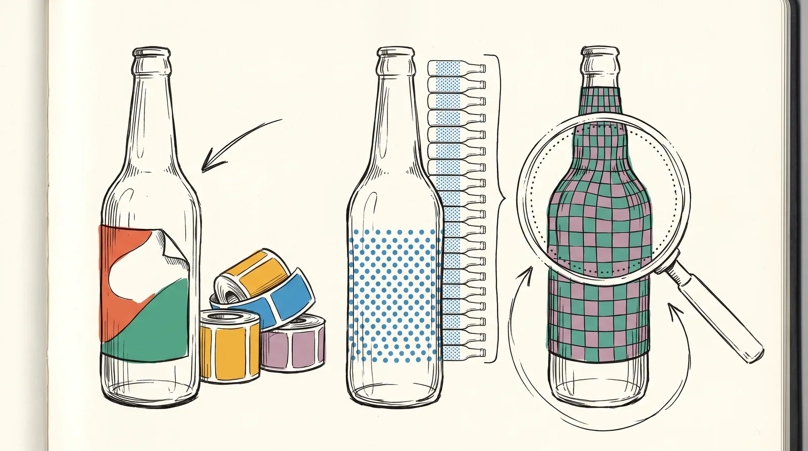 Three glass bottles stand in a row: one with a paper label and rolls of coloured labels beside it, one with a dotted pattern printed on the glass before a tall stack of bottles, and one in a check-patterned sleeve squashed at the shoulder.
