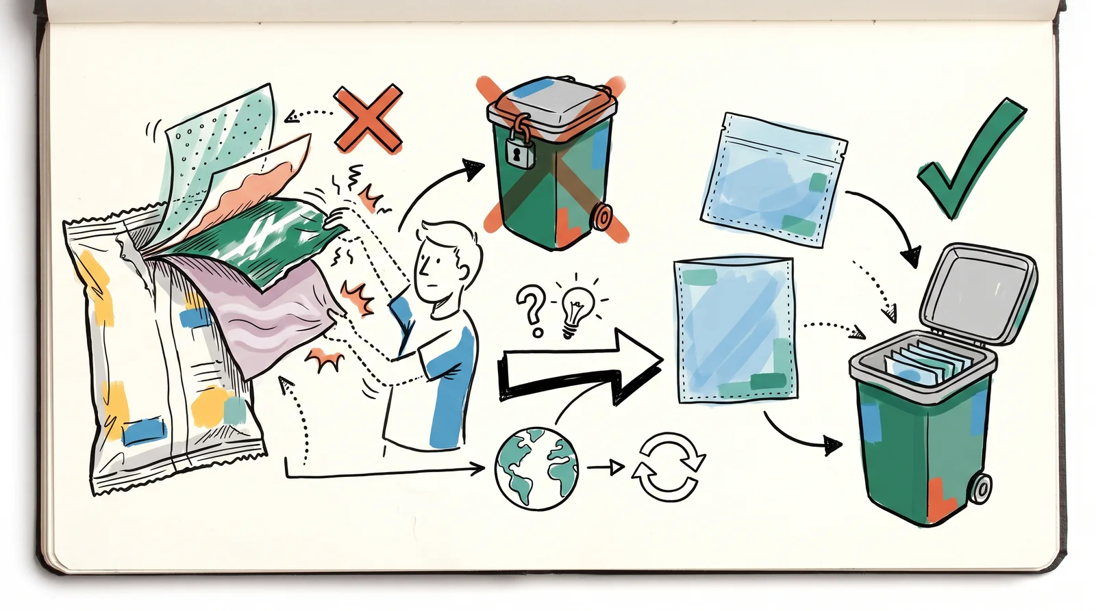 A snack bag's corner is peeled into four fanned layers of printed film, glue, silver foil and inner film as a person fails to pull them apart, while a single-layer pouch drops into a sorting bin.