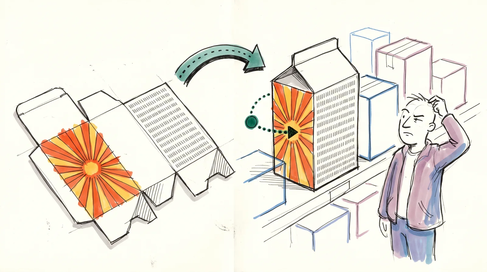 A flat carton net with an orange sunburst panel and a panel of grey lines folds into a box that stands on a shelf with the grey-lined panel facing a puzzled shopper.