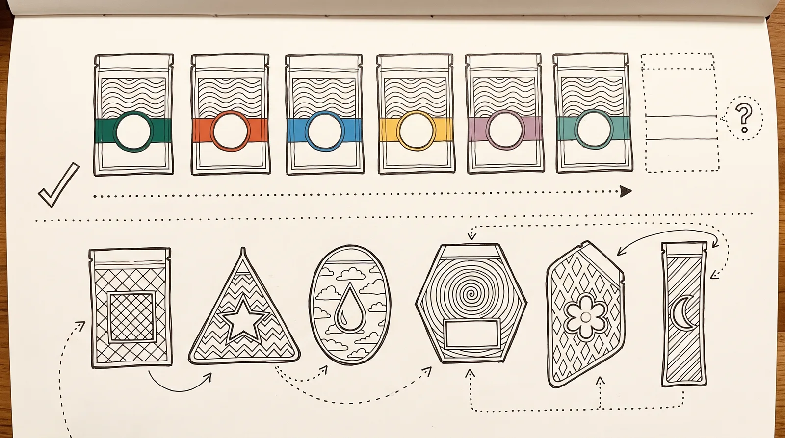 A top row of six identical pouches differing only by a coloured band ends in a dotted empty outline, above a bottom row of six pouches with mismatched layouts and patterns.