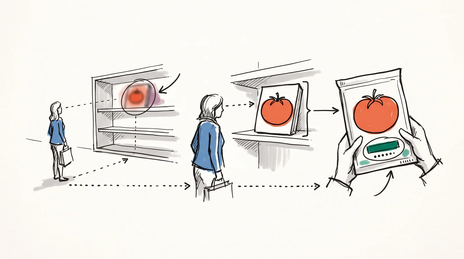 A shopper approaches a shelf in three steps, seeing the pack first as a blurred red block, then as a bold tomato picture, and finally in her hand with a small green band visible.