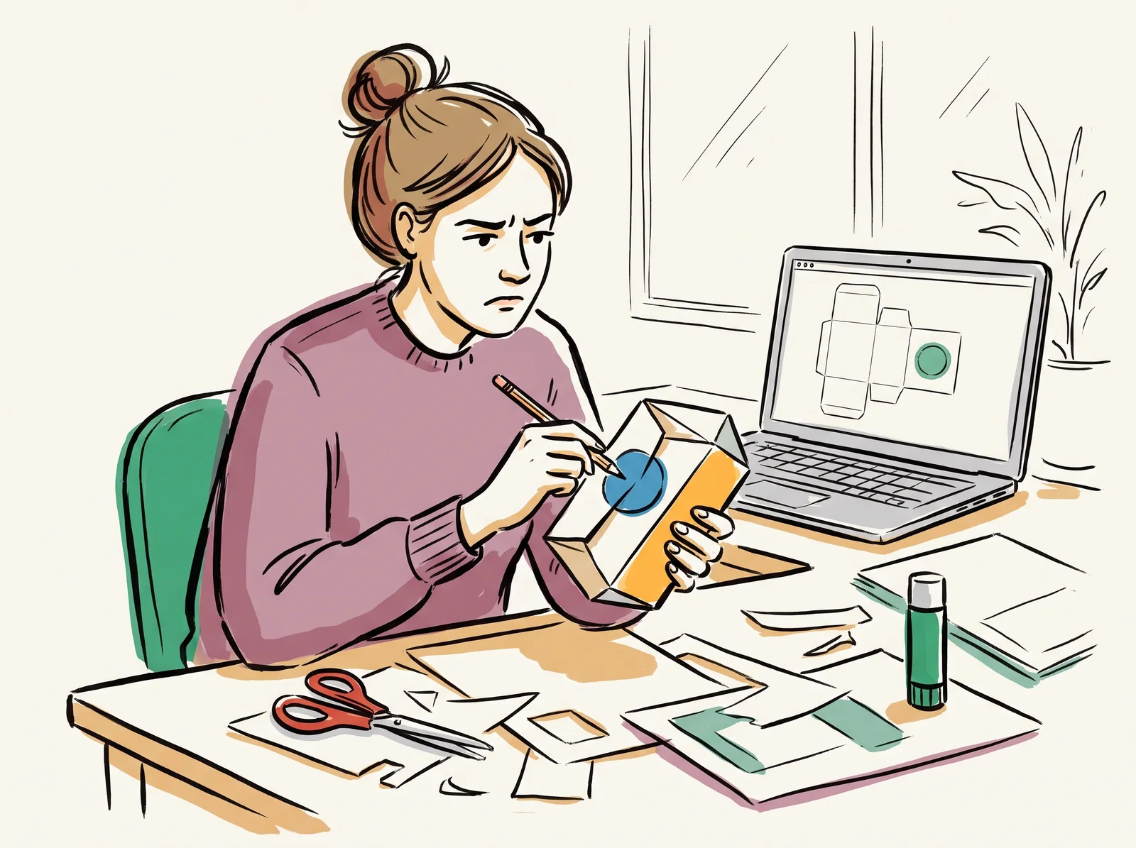 At a desk with scissors and glue, a designer turns a rough paper box and frowns at the round emblem bent across a fold, while her laptop behind shows the clean flat layout.