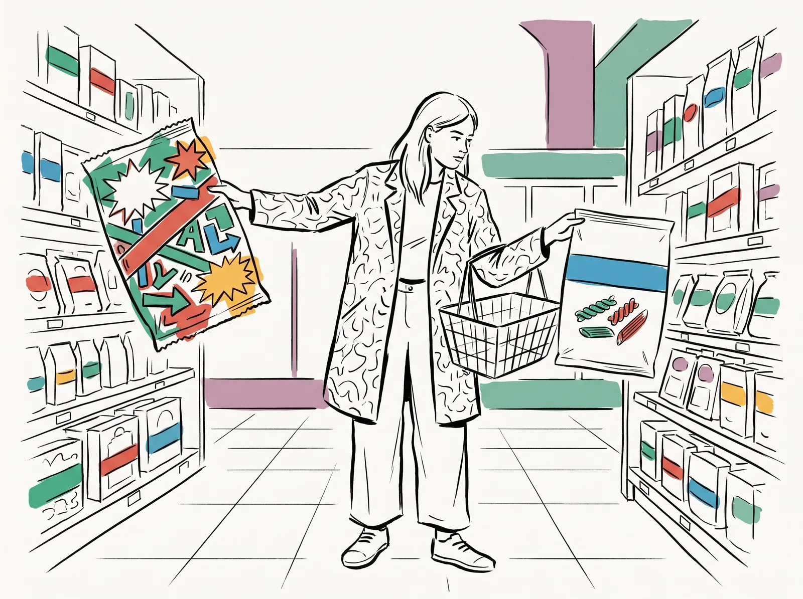 In a supermarket aisle a shopper holds a cluttered pasta pack covered in starbursts away from her while lowering a plain white pack with one coloured band into her basket.