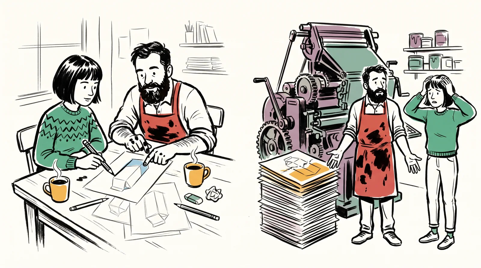 On the left a printer points out a fine line on a carton sketch while the designer thickens it, and on the right the pair stand by a press and a stack of spoiled sheets as the printer spreads his hands.