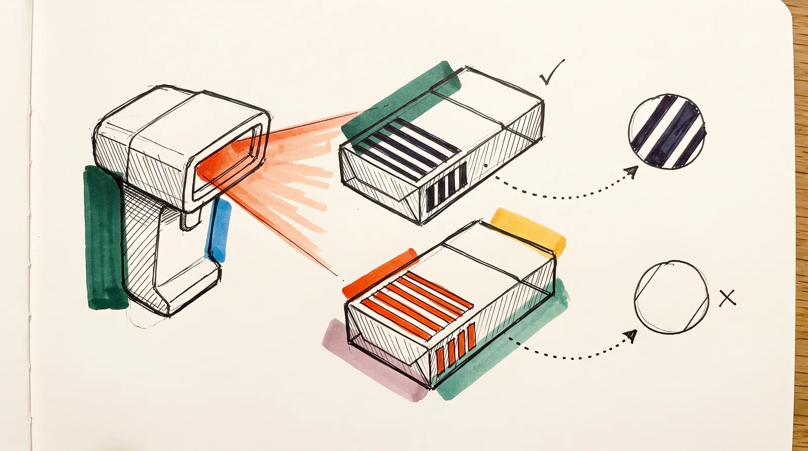 A checkout scanner's red beam crosses two packs, and inset circles show black bars read as sharp stripes while red bars read as an empty white patch.