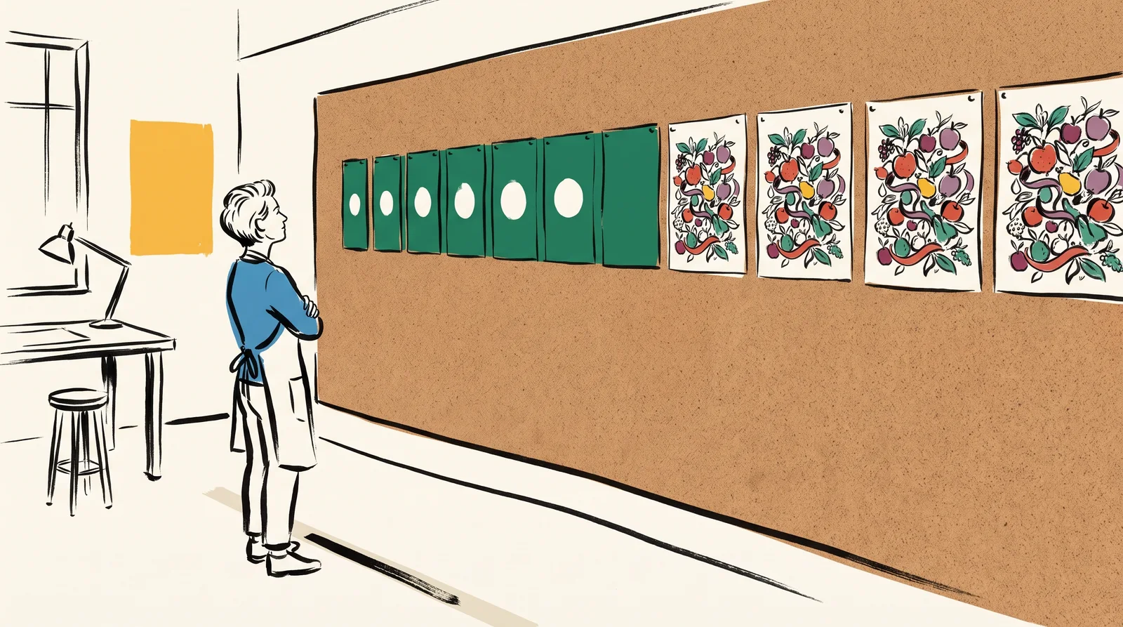 A designer stands back from a studio wall where six plain green pack fronts form one solid band beside six busy illustrated rival fronts that blur together.