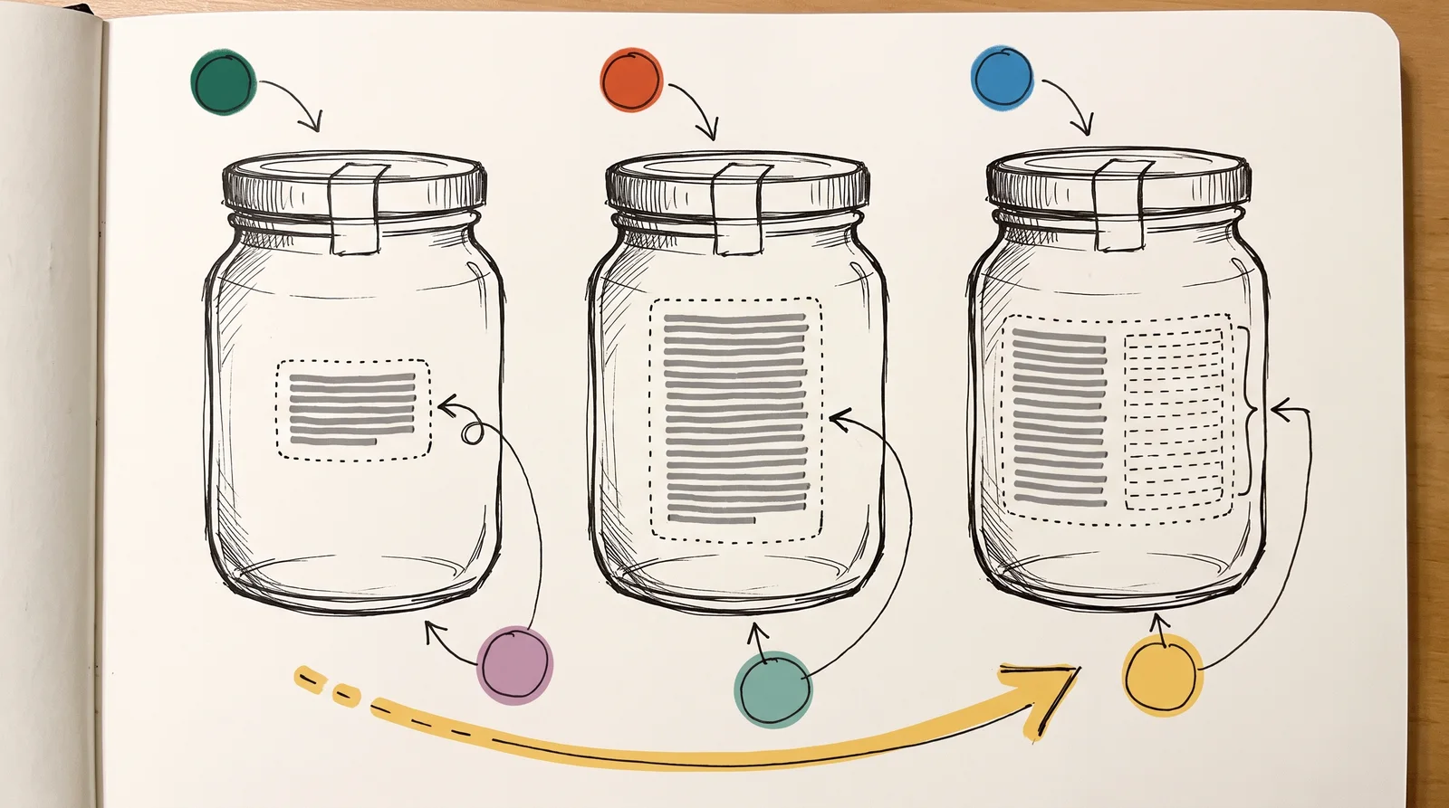 The same jar appears three times from the back with a short, a long and a two-language block of grey lines inside a dotted frame, while its lid and top band stay the same.