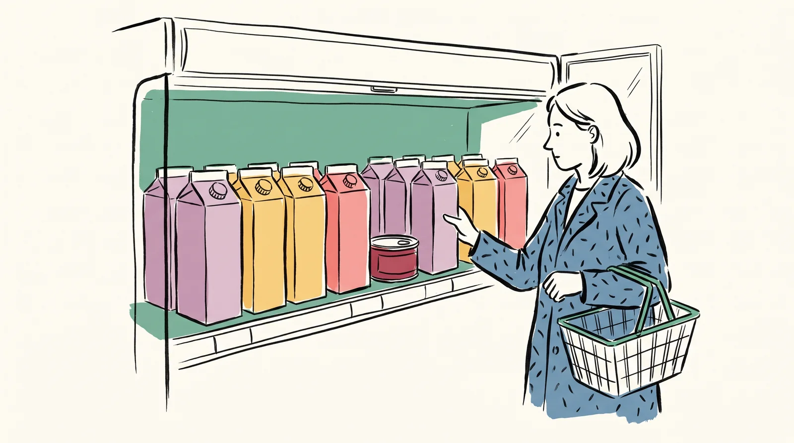 At a supermarket fridge a shopper reaches for a milk carton right beside a squat round tin placed in the middle of a row of cartons, without looking at the tin.