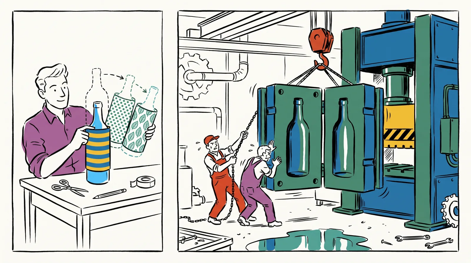 On the left a designer slides striped, dotted and leaf-patterned wraps onto one bottle, and on the right two factory workers guide a huge steel bottle mould hanging from a crane.