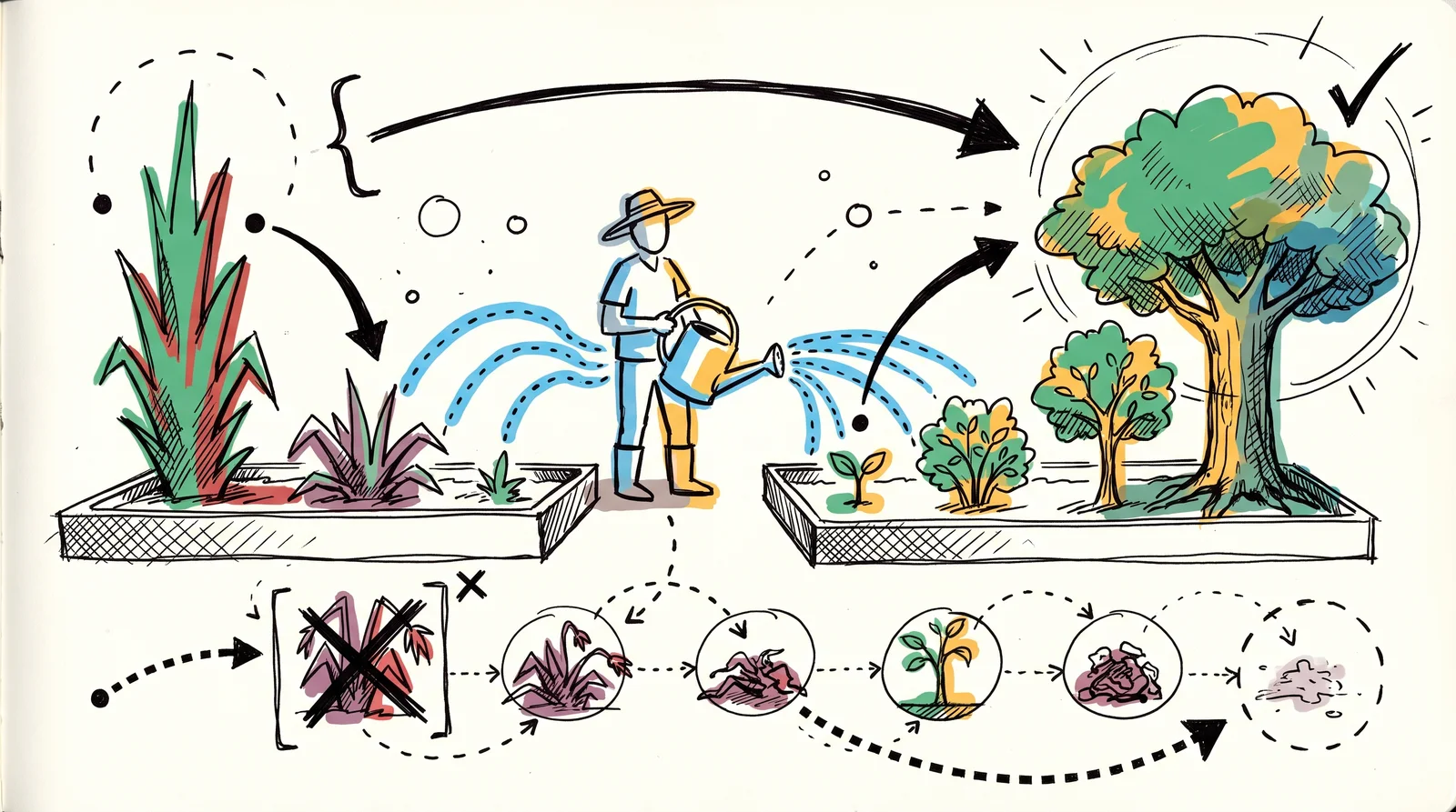 A gardener waters two beds, one where a fast crop sprouts and then wilts over time and one where a sapling grows into a large tree, with more water going to the tree.