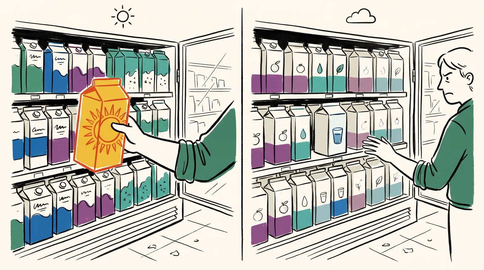 On the left a hand grabs a carton with a large sun emblem from a crowded fridge, and on the right the same carton, redesigned in a plain pale style, blends in while the shopper hunts for it.