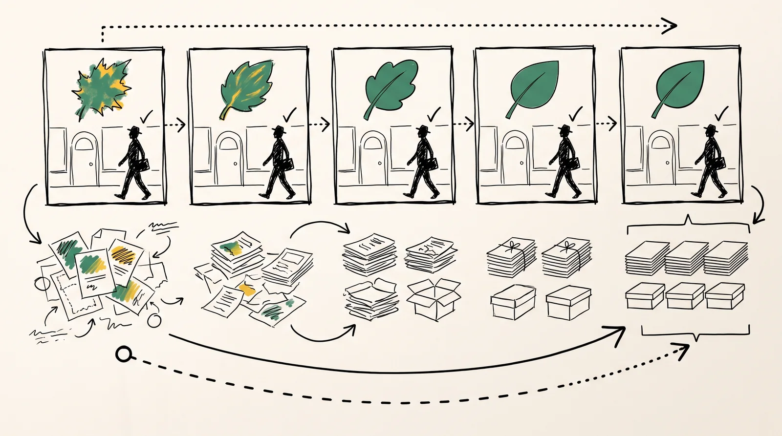 Five frames show a leaf mark on a shopfront changing slightly each time as the same customer walks past, above a messy heap of papers turning into tidy stacks.