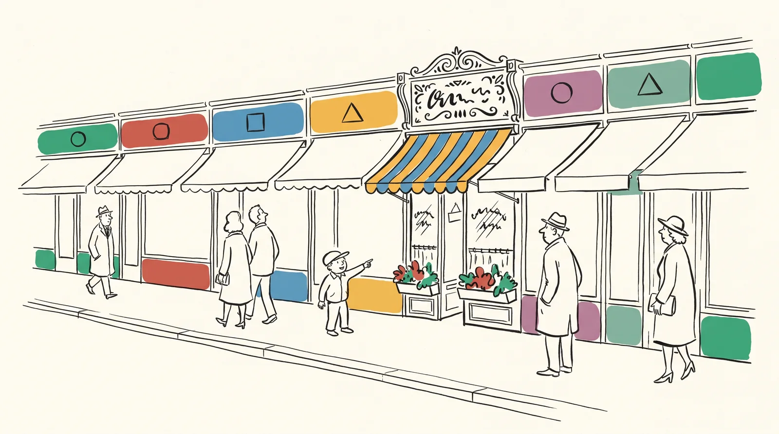 A high street of shops with identical plain rounded signs in flat colour has one shop in the middle with an ornate painted sign and striped awning that passers-by turn toward.