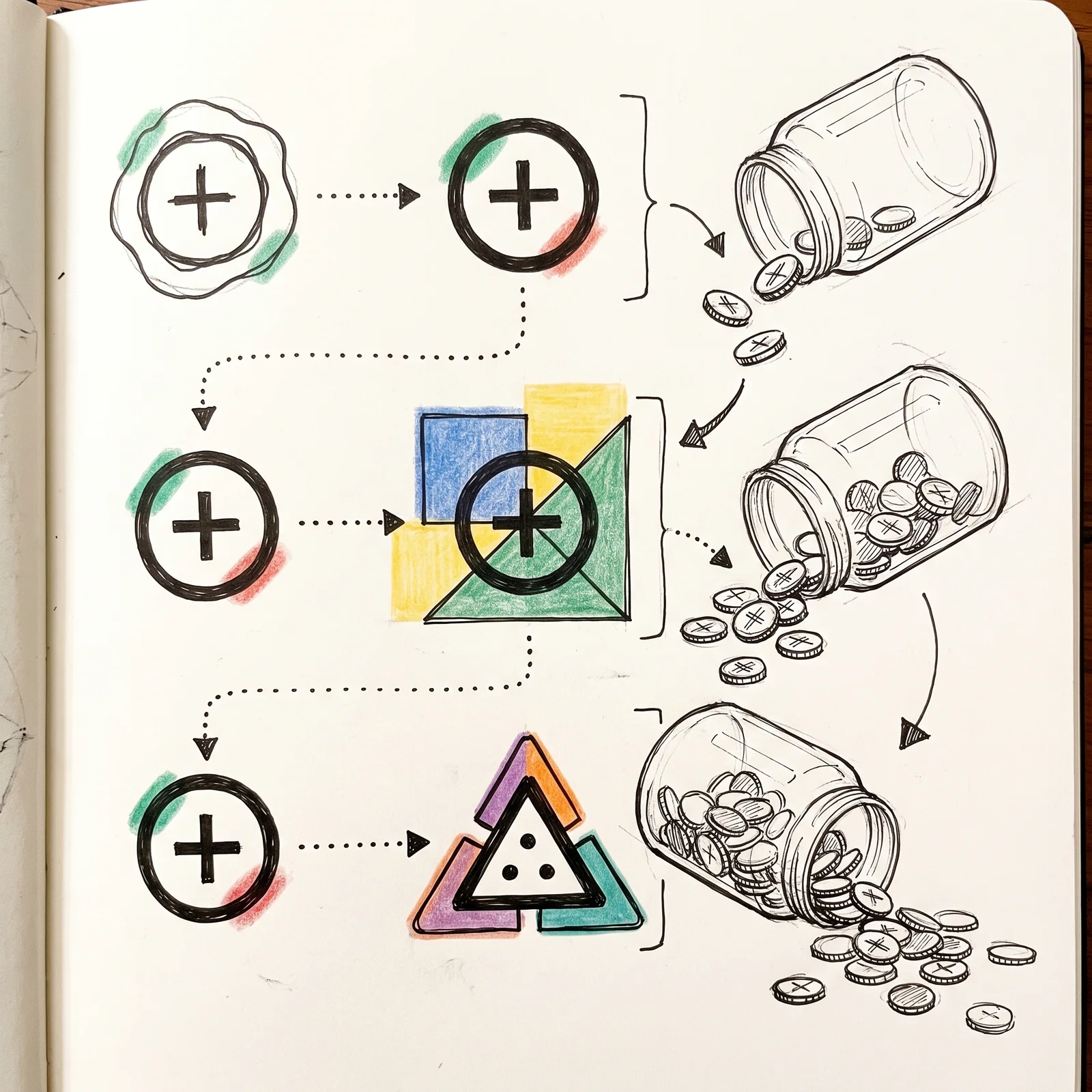 Three before-and-after pairs of invented marks, a tidied circle, a circle with a rebuilt surround and a circle replaced by a triangle, each sit beside a jar spilling more coins.