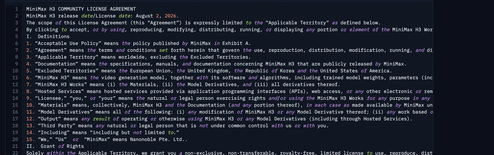A screenshot of the MiniMax H3 Community License Agreement on Hugging Face, with its definitions numbered, including line 10 defining the Excluded Territories as the European Union, the United Kingdom, the Republic of Korea and the United States of America.