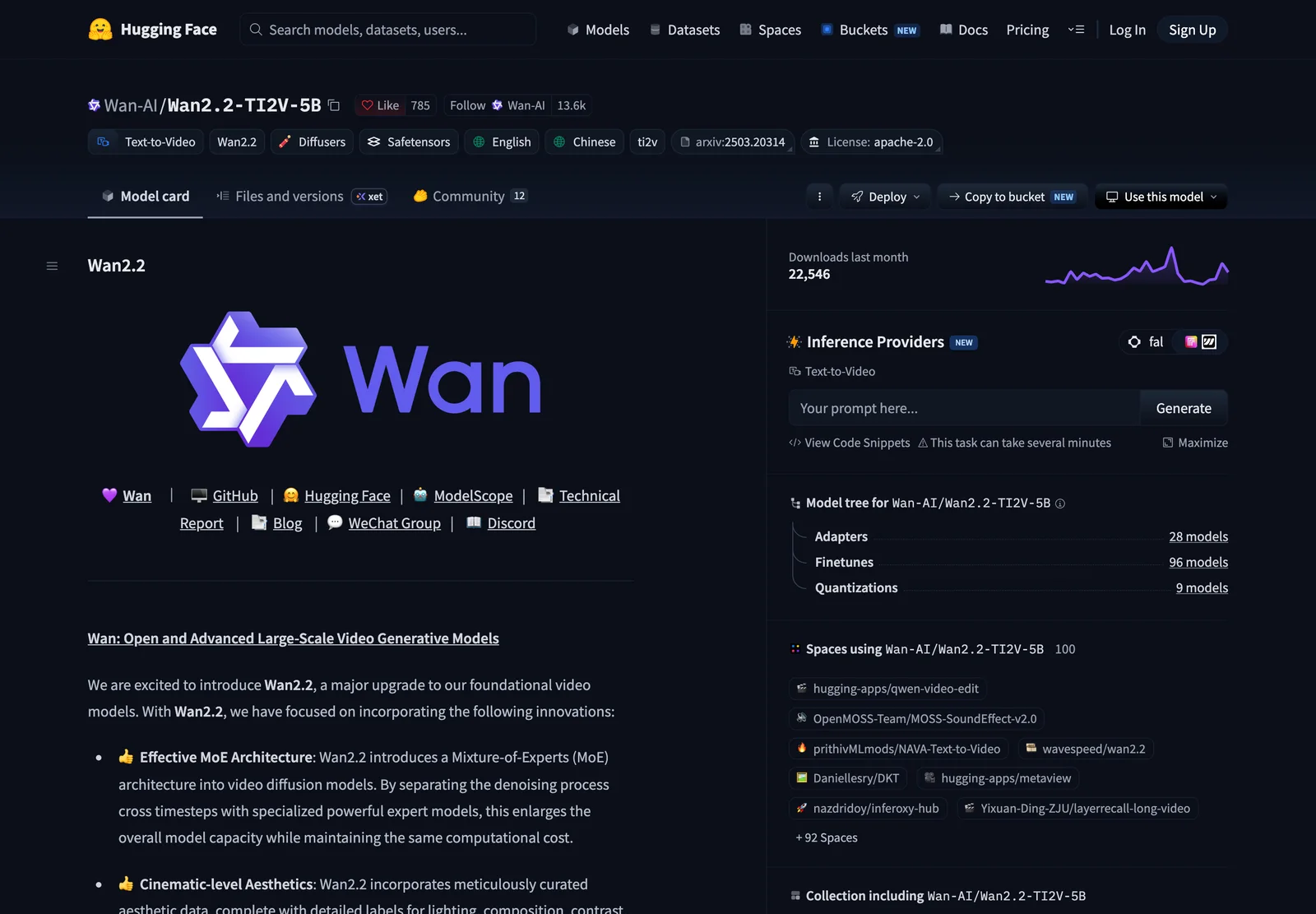 A screenshot of the Hugging Face page for Wan-AI/Wan2.2-TI2V-5B: the licence tag reading apache-2.0, the Model card and Files and versions tabs, monthly downloads, Inference Providers, the model tree with adapters, finetunes and quantizations, and the Spaces using it.