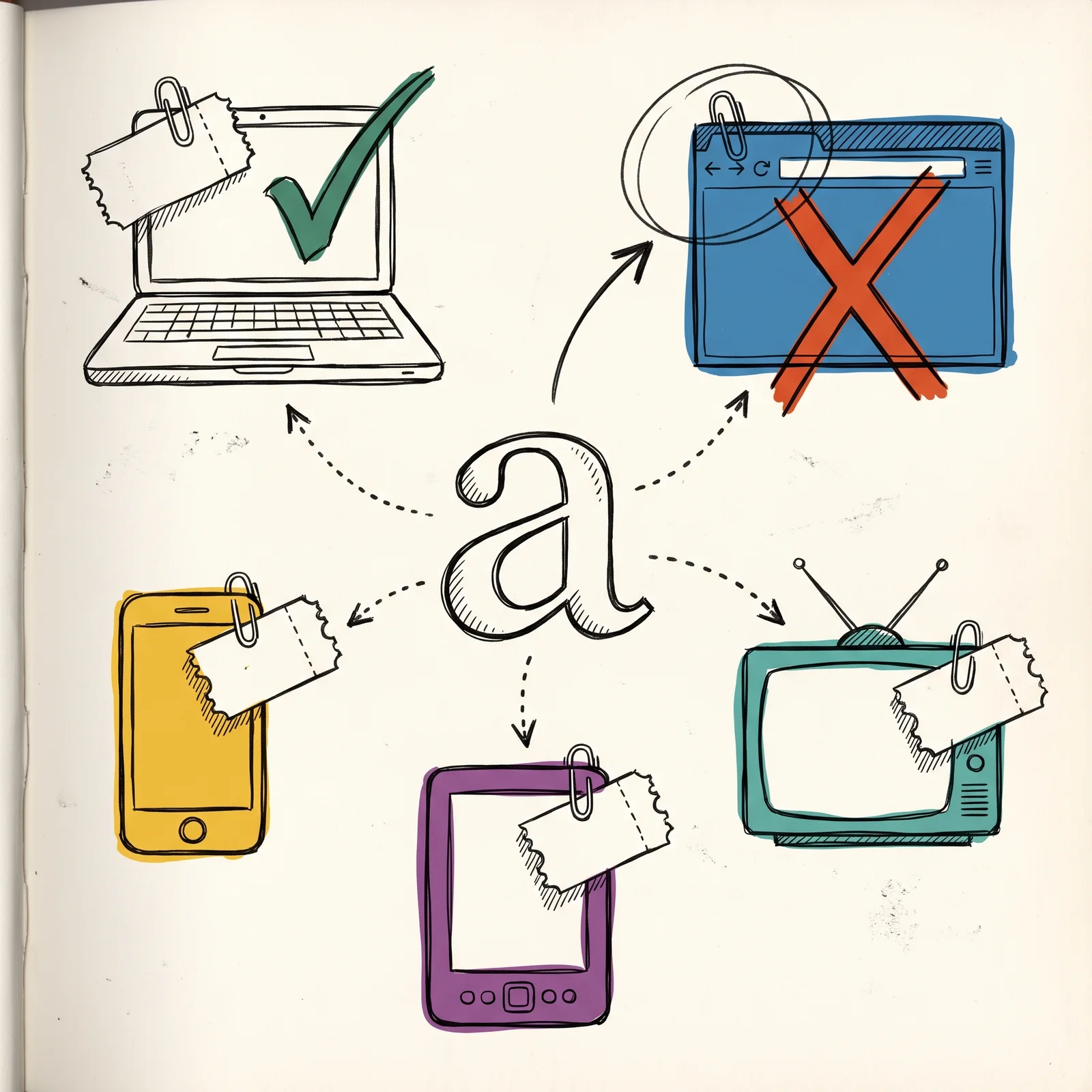 A large letter shape connects by dotted lines to a laptop, a browser window, a phone, an e-reader and a television, each with a ticket stub except the browser window, which has a cross.