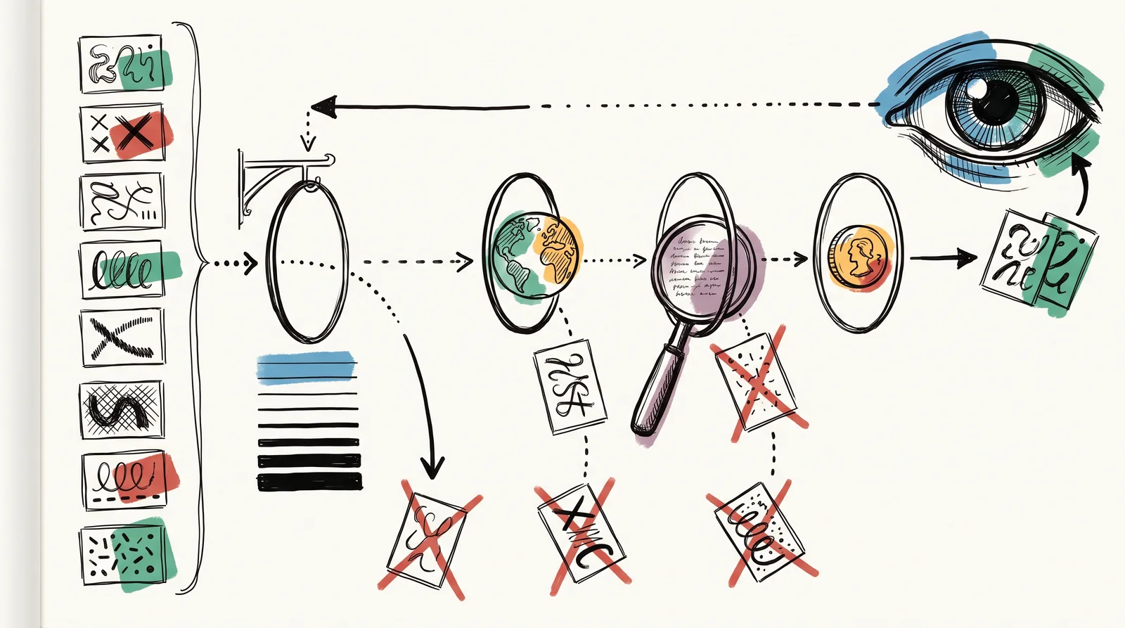 Eight cards of letter shapes pass through hoops marked with weight bars, a globe, a magnifying glass and a coin, with most falling away and two reaching a large drawn eye.