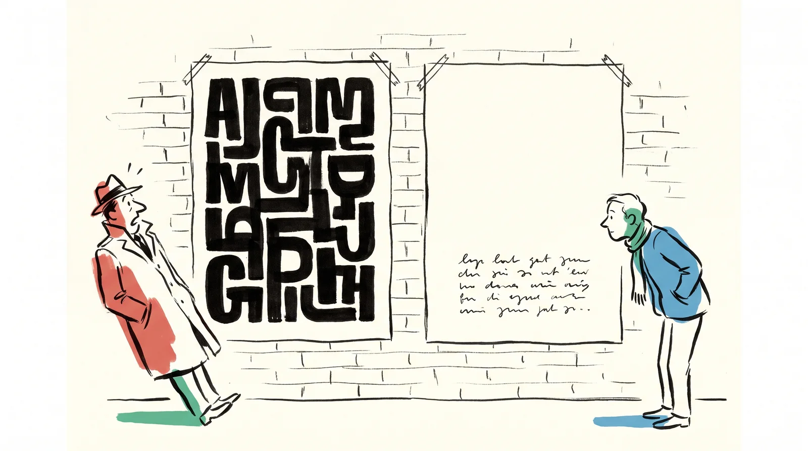 Two posters on a brick wall are made of the same letter shapes, one crammed with huge tight blocks that startles a passer-by and one sparse and small that draws another passer-by in.