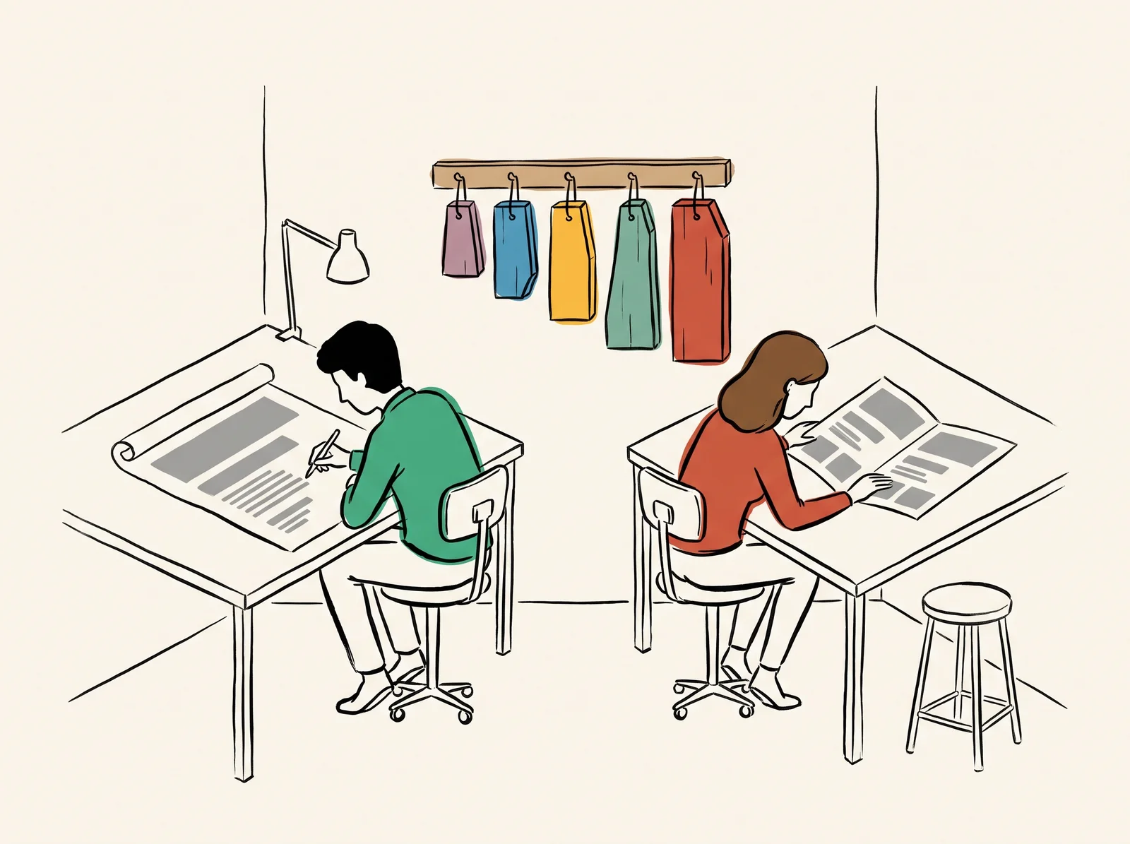 Two designers at desks facing away from each other lay out a poster and a leaflet with the same stepped grey bars, below a rack of five graded wooden blocks.