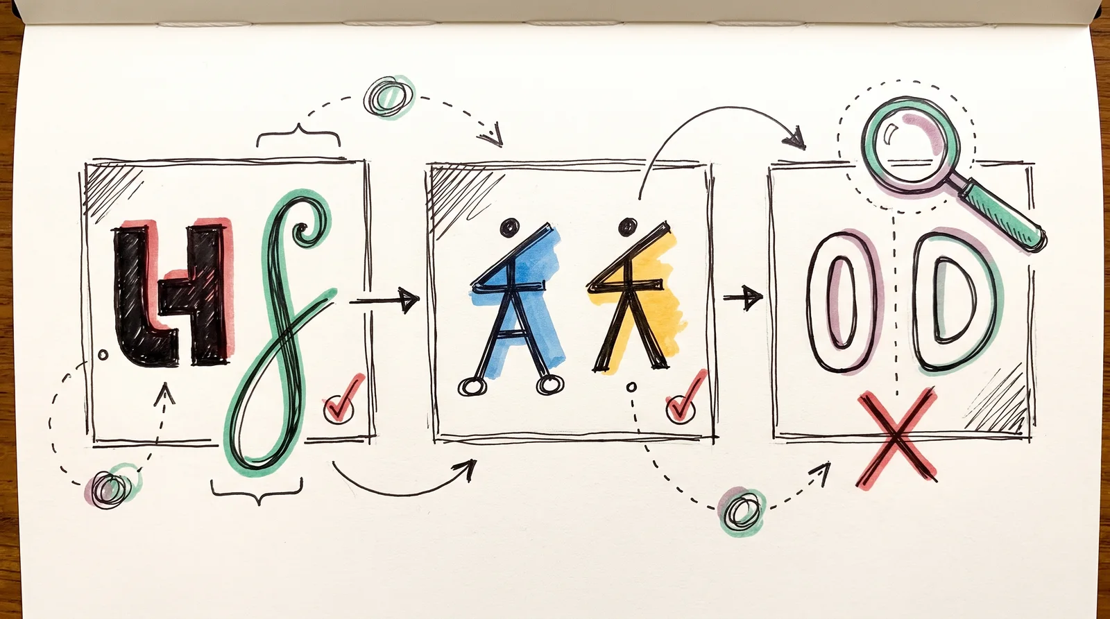 Three framed pairs of abstract letter shapes show a contrasting pair and a same-skeleton pair with ticks, and a nearly identical pair under a magnifying glass with a cross.