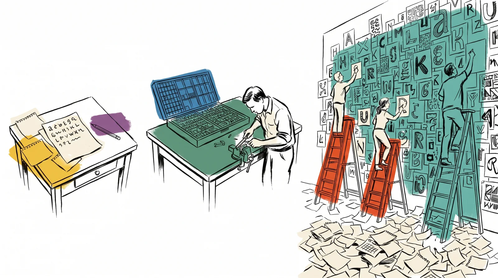 Three workspaces side by side show a small desk with one sheet of letter shapes, a table where a designer files metal letters, and a large studio wall of drawings with designers on ladders.