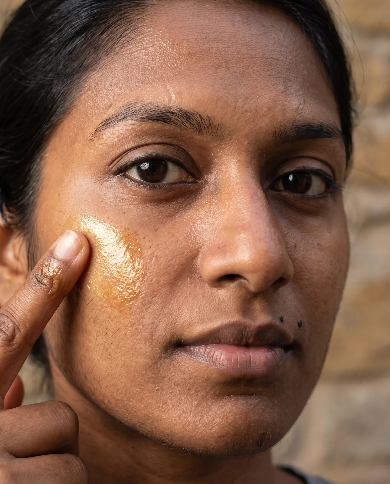 Macro beauty close-up of the same woman, a fingertip on her cheekbone beside a coin-sized sheen of golden oil.