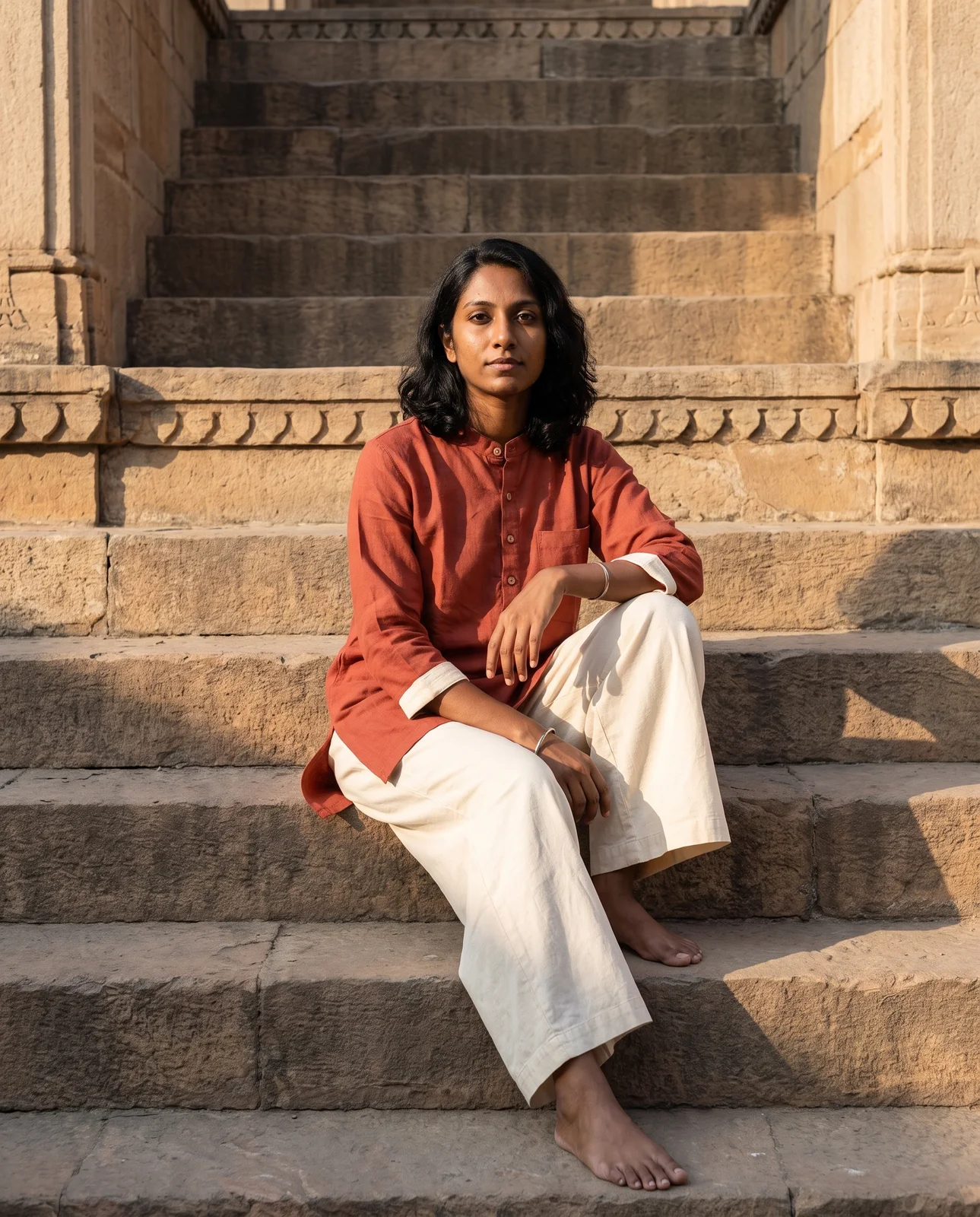 The woman in the rust kurta sitting on sandstone stepwell steps in low afternoon sun, forearm on a raised knee.