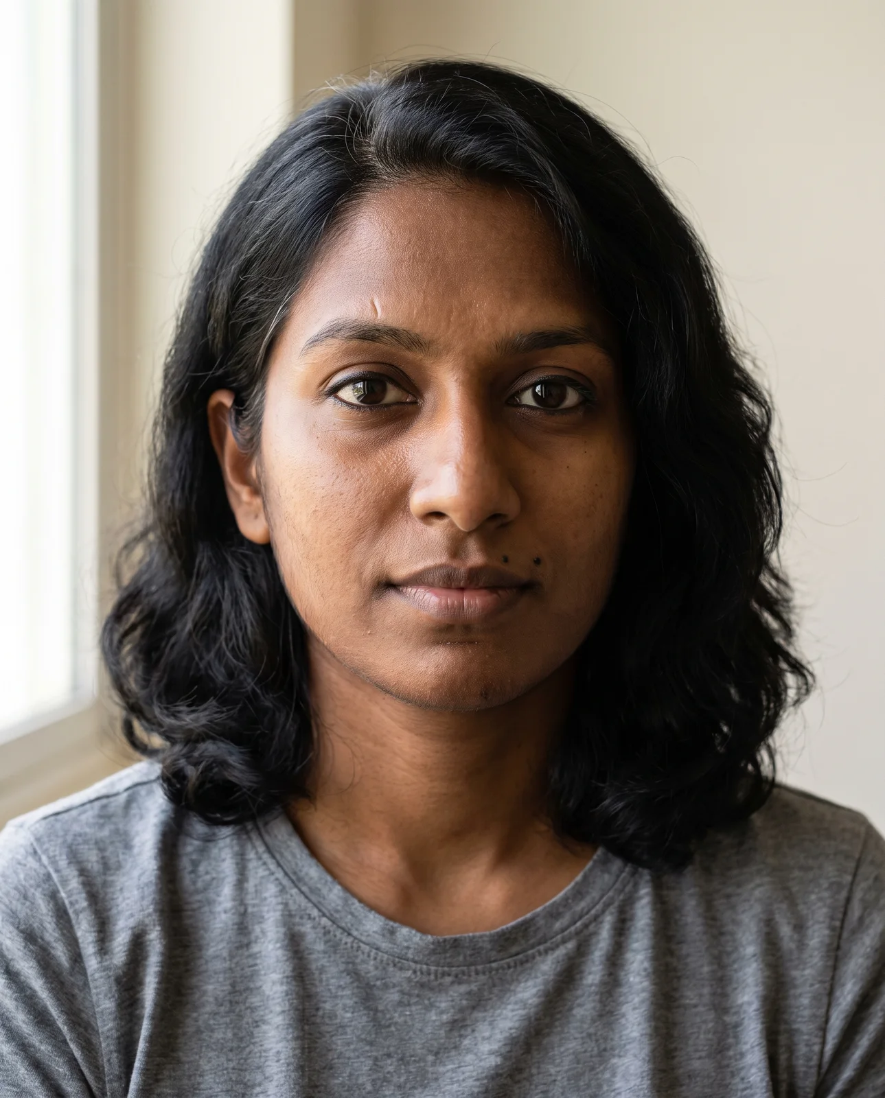 Window-lit chest-up portrait of an invented Indian woman in her early thirties, wavy black hair, grey T-shirt, calm gaze.