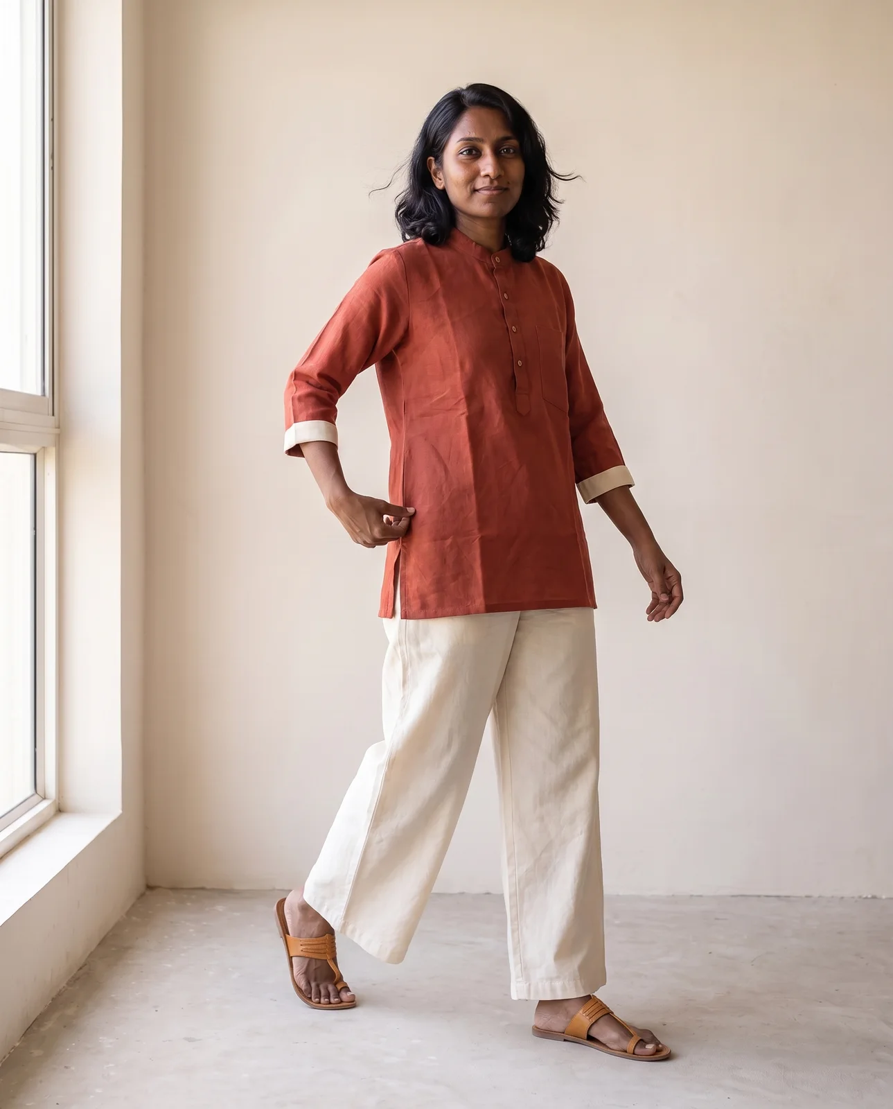 The same walking frame after one fix: the kurta back at hip length, fingers pinching its side.