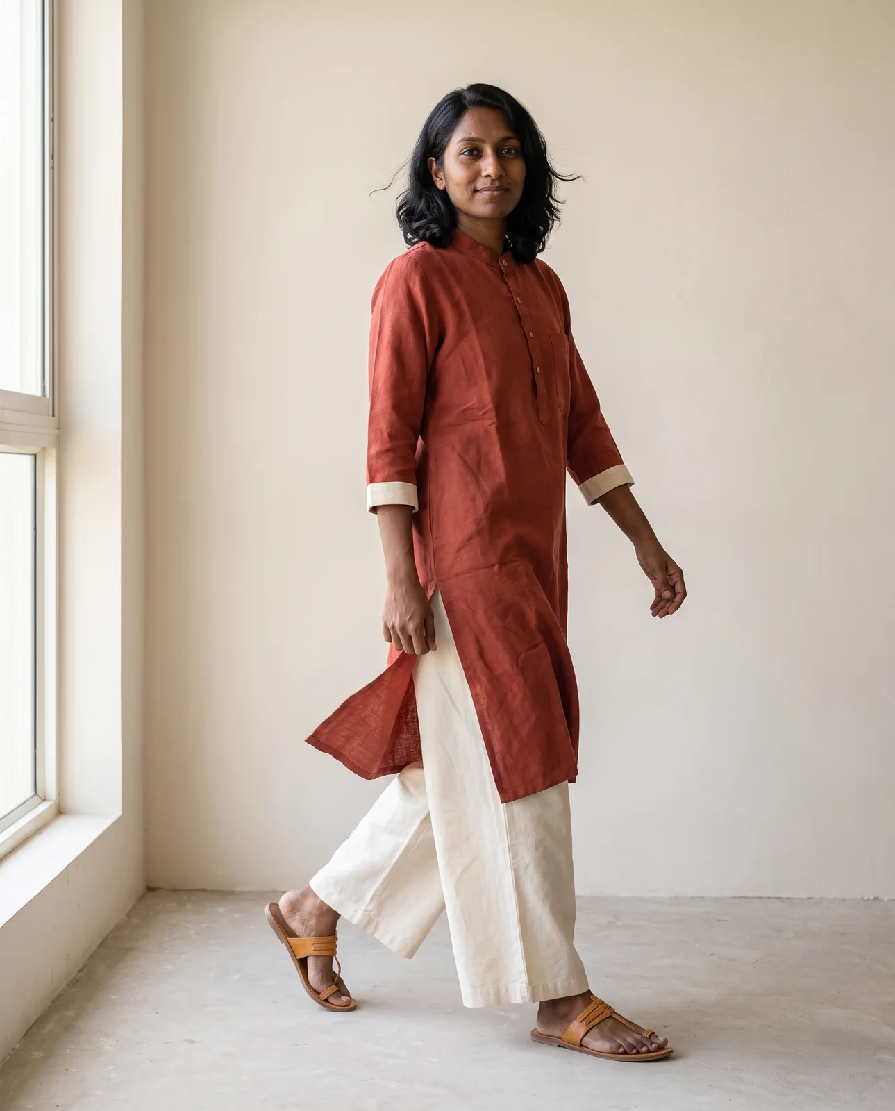 The woman walking mid-stride past a window, head turned to the lens, hair lifting, the kurta drawn too long.