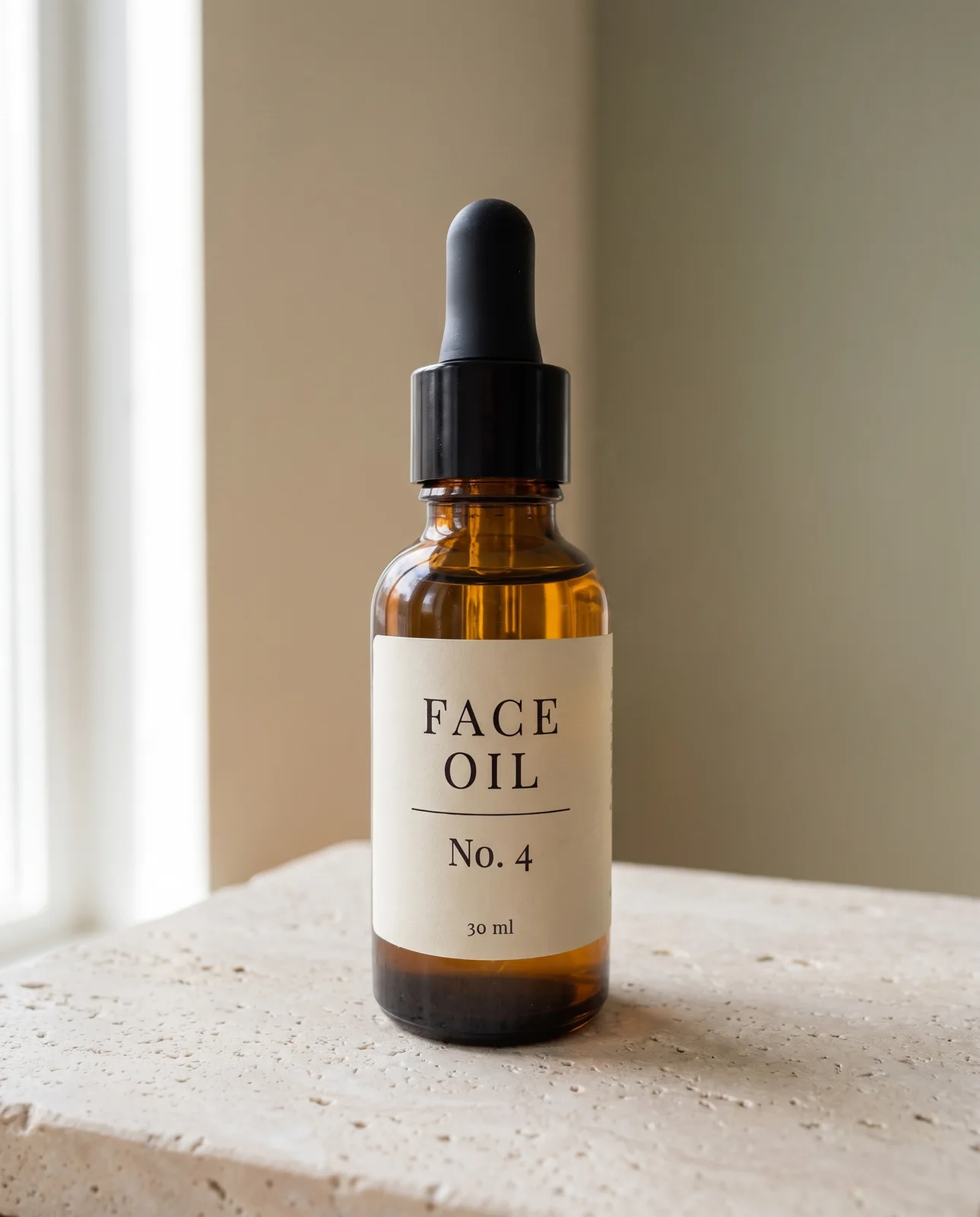 The face oil bottle standing on pale travertine in soft window light, its label unchanged.