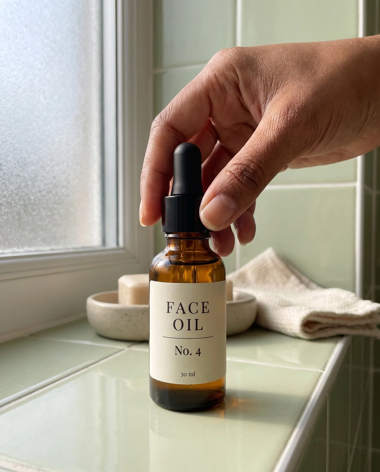 A hand lifting the face oil bottle by its collar on a pale green tiled basin counter, a soap dish and towel behind.