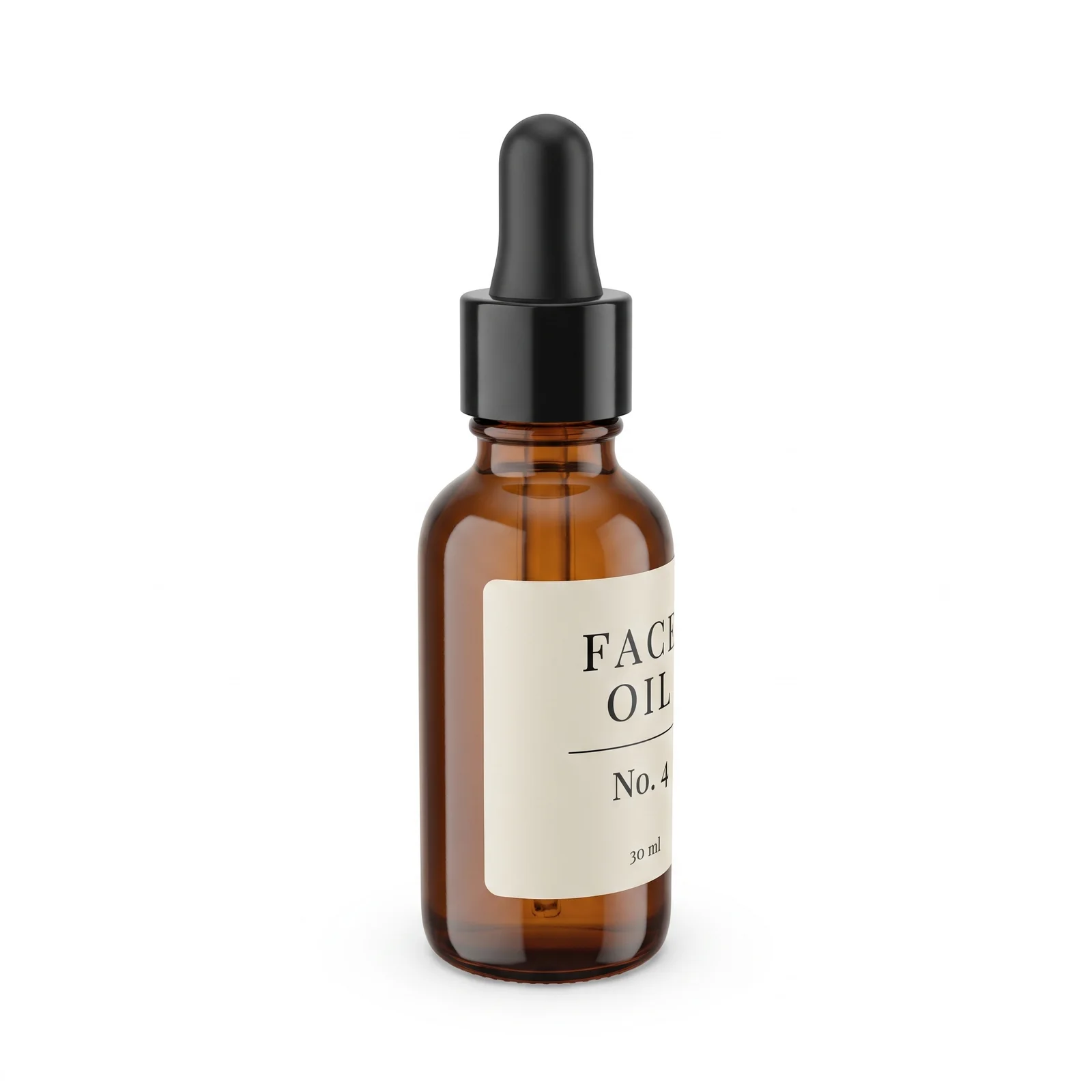 Three-quarter packshot of the face oil bottle on pure white, the label wrapping round the curve.