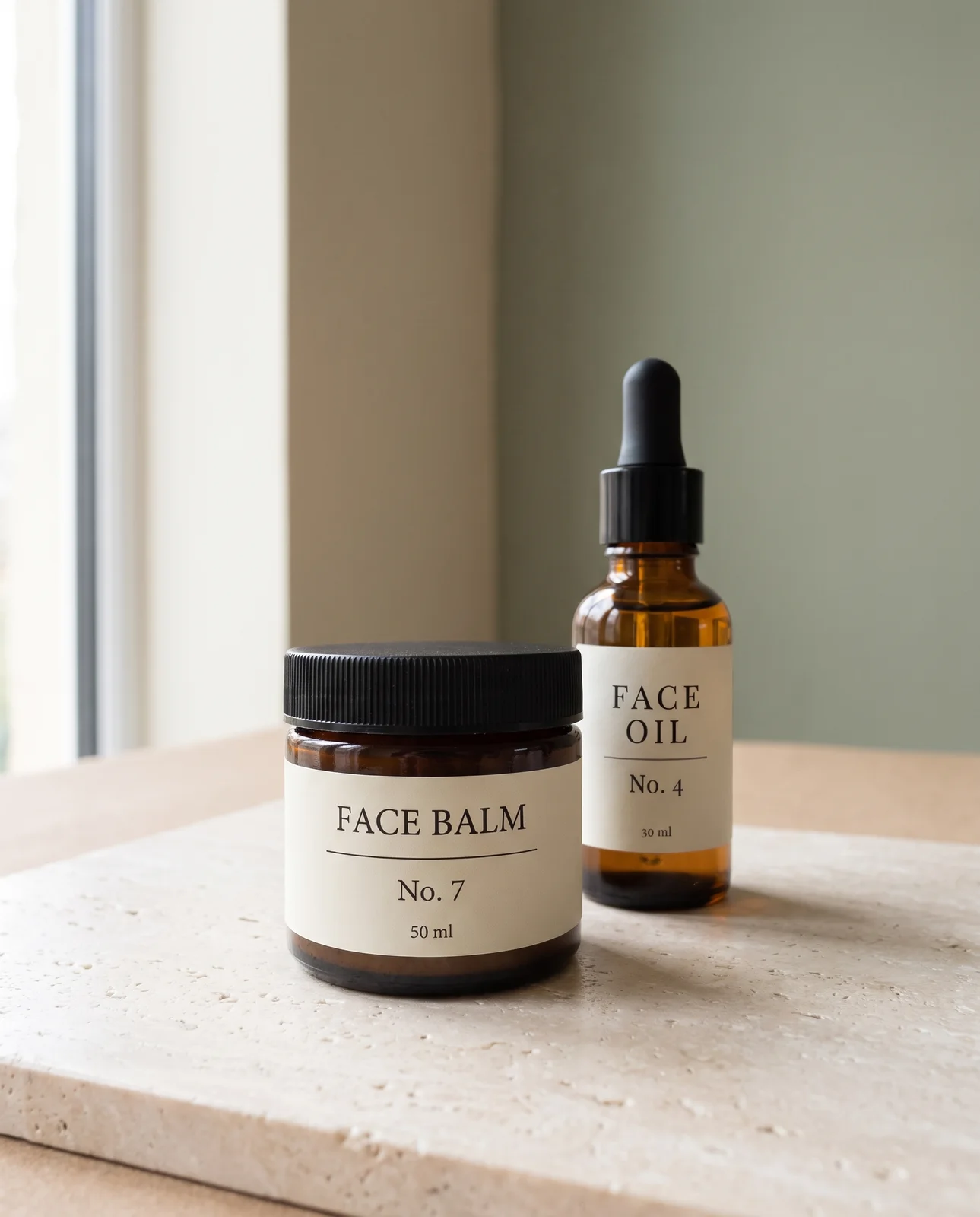 The face balm jar in front and the face oil bottle behind it on travertine, against a sage wall.