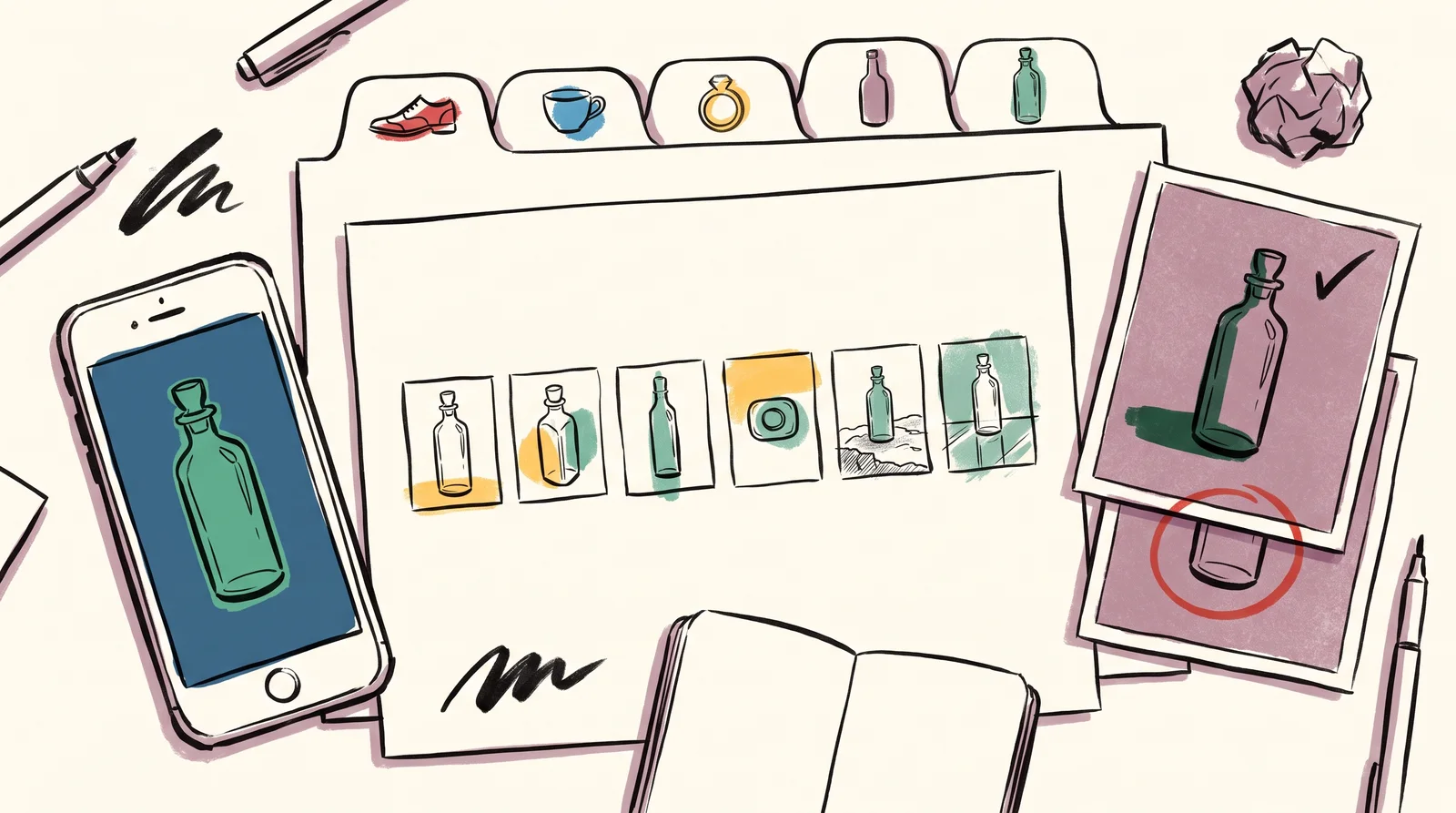 An ink drawing from above of a desk with a phone showing a bottle, a sheet of six storyboard sketches, a stack of prints with a tick and a red circle, and card dividers with small drawings at the back.
