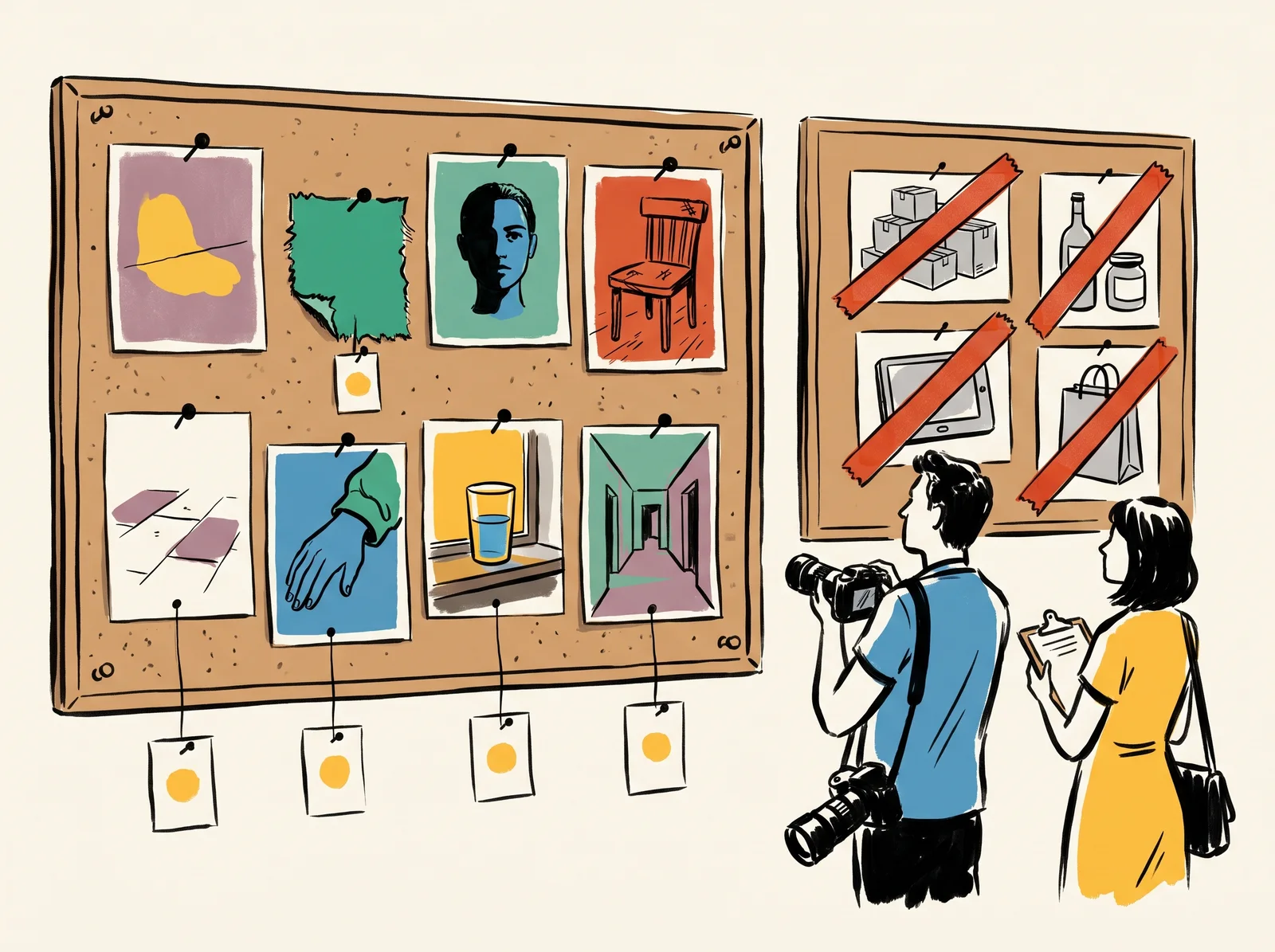An ink drawing of two pinboards on a wall, one with eight reference pictures linked to small cards and one with four pictures crossed out in red tape, with a photographer and a stylist looking on.