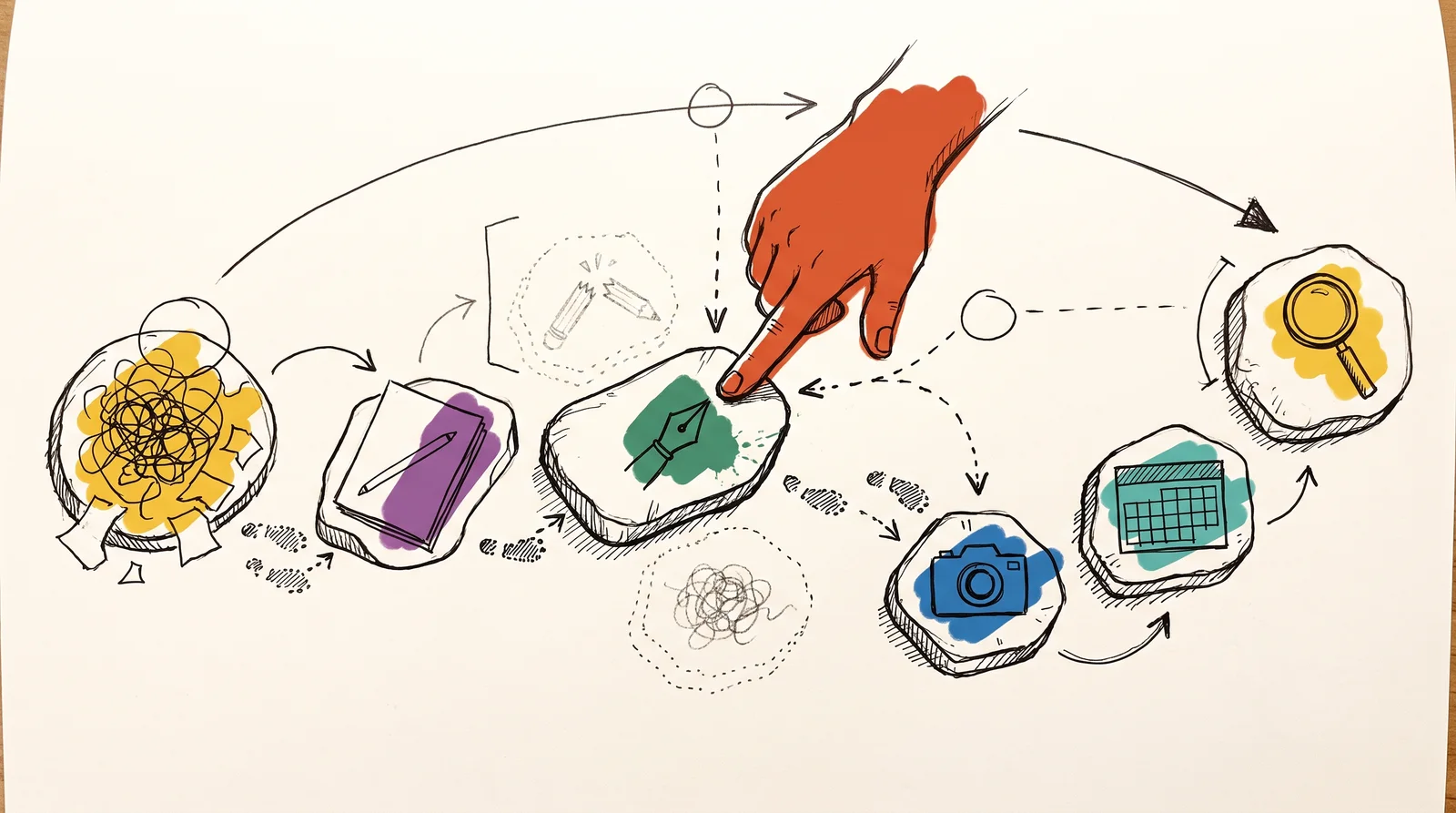A doodle of stepping stones marked with notes, a page, a three-way fork with a hand choosing one stone, a pen nib, a camera, a calendar and a magnifying glass, with footprints across them.