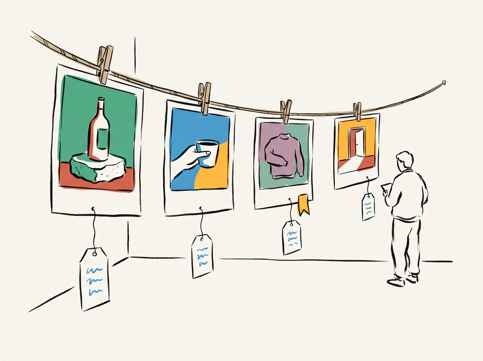 An ink drawing of photo prints pegged along a line with a matching tag hanging under each, one tag carrying a yellow flag, and a person reading them at the end of the line.