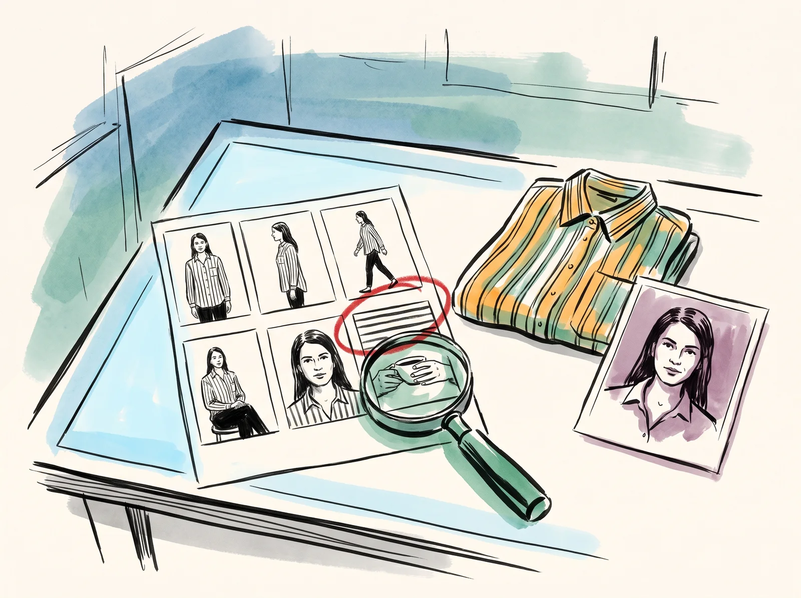 An ink drawing of a light table with a contact sheet of six frames of the same woman in a striped shirt, a loupe over one frame, one frame circled in red, and the folded shirt and a portrait beside it.