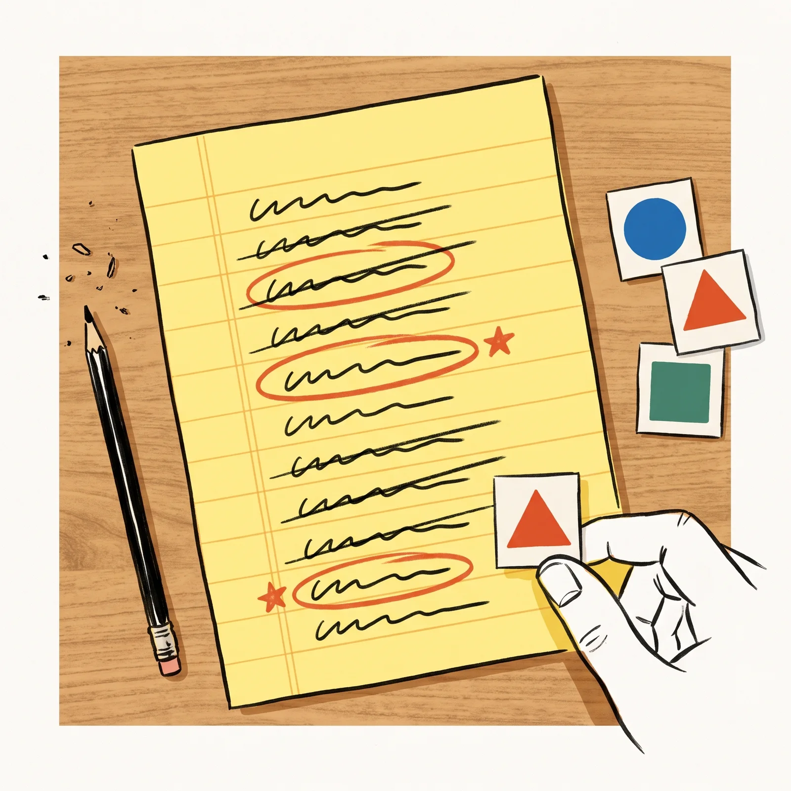 An ink drawing from above of a yellow notepad with twelve scribbled lines, most struck through and three circled in red with one starred, beside stickers of a circle, a triangle and a square.