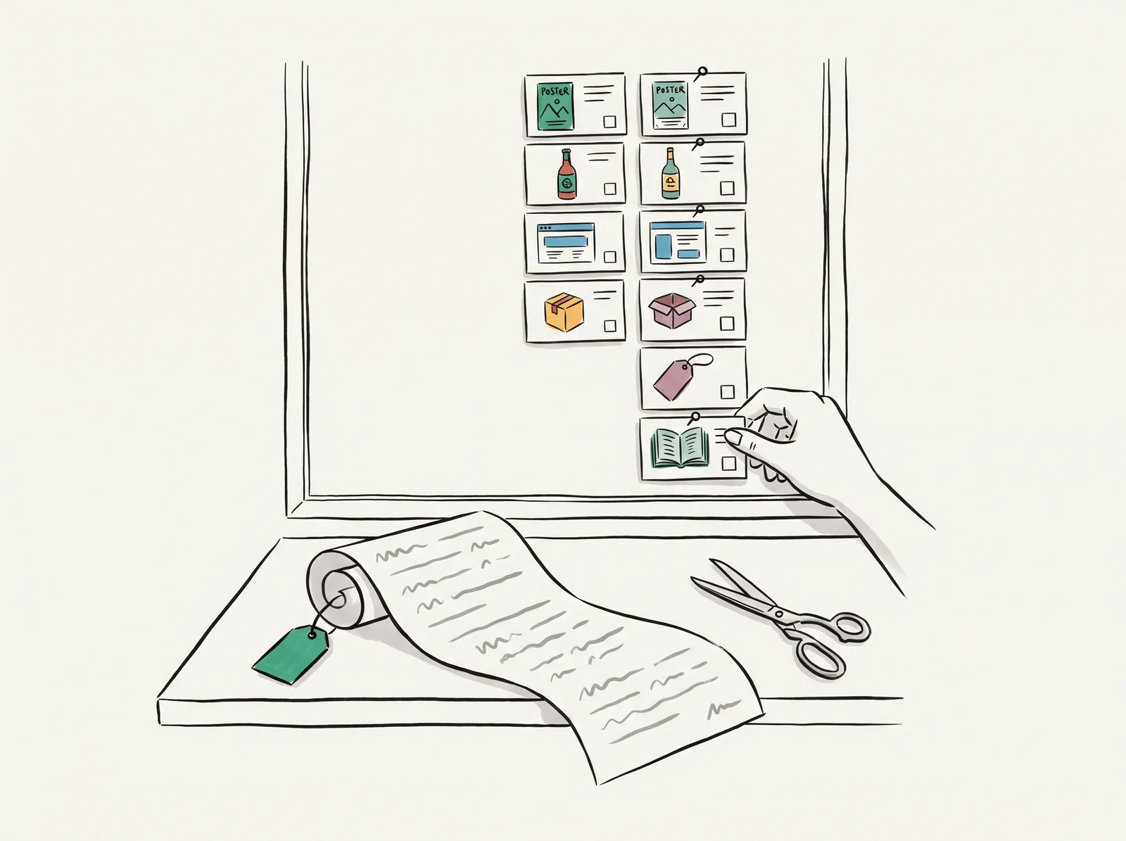 An ink drawing of a long letter with a tag on a desk, scissors beside it, and strips cut from it pinned on a corkboard as a column of cards, each with a small sketch and an empty box.