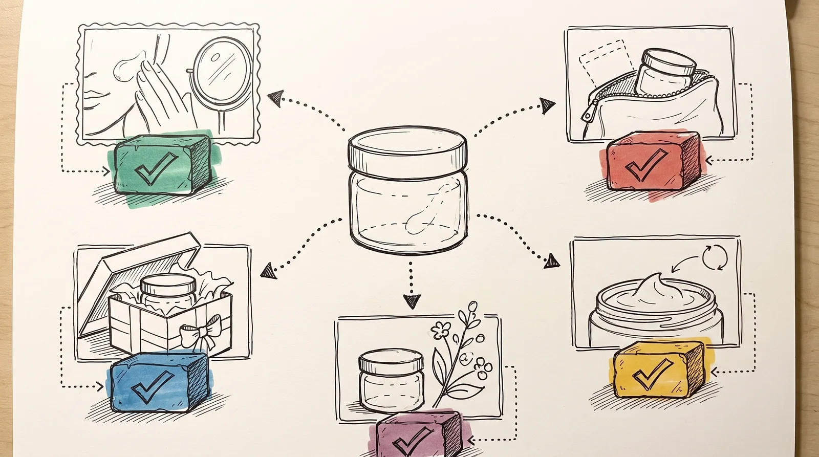 A doodle of a cream jar in the centre with arrows to five small scenes, each scene resting on a stone block marked with a tick.