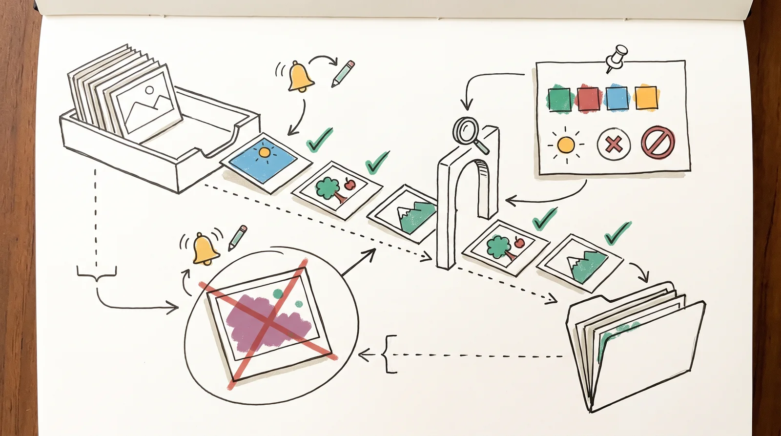 A doodle of photos travelling from a tray through a gate under a magnifying glass, ticked ones dropping into a folder, and one crossed photo left behind under a ringing bell.
